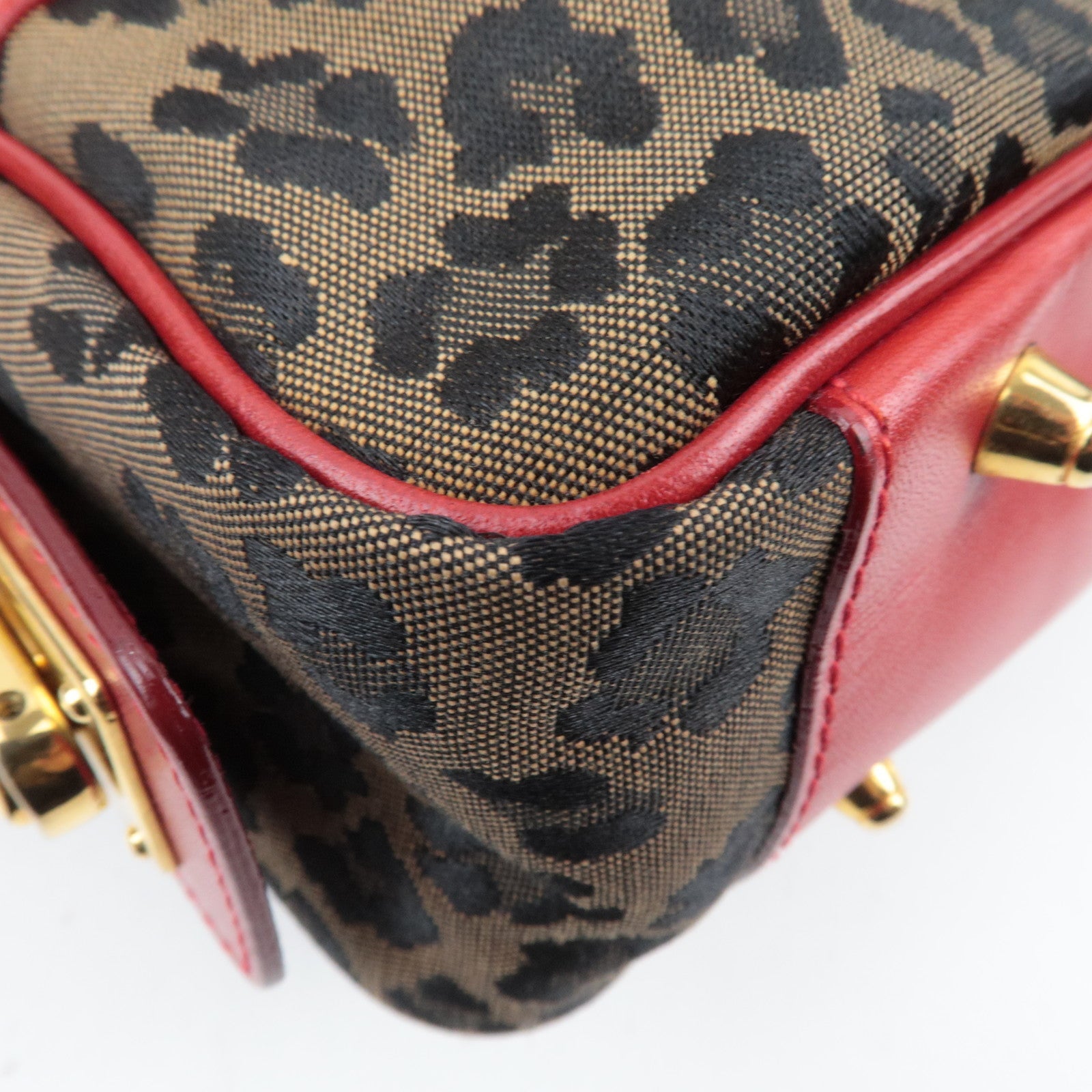 FENDI Leopard Canvas Leather Shoulder Bag Beige Red *Strap