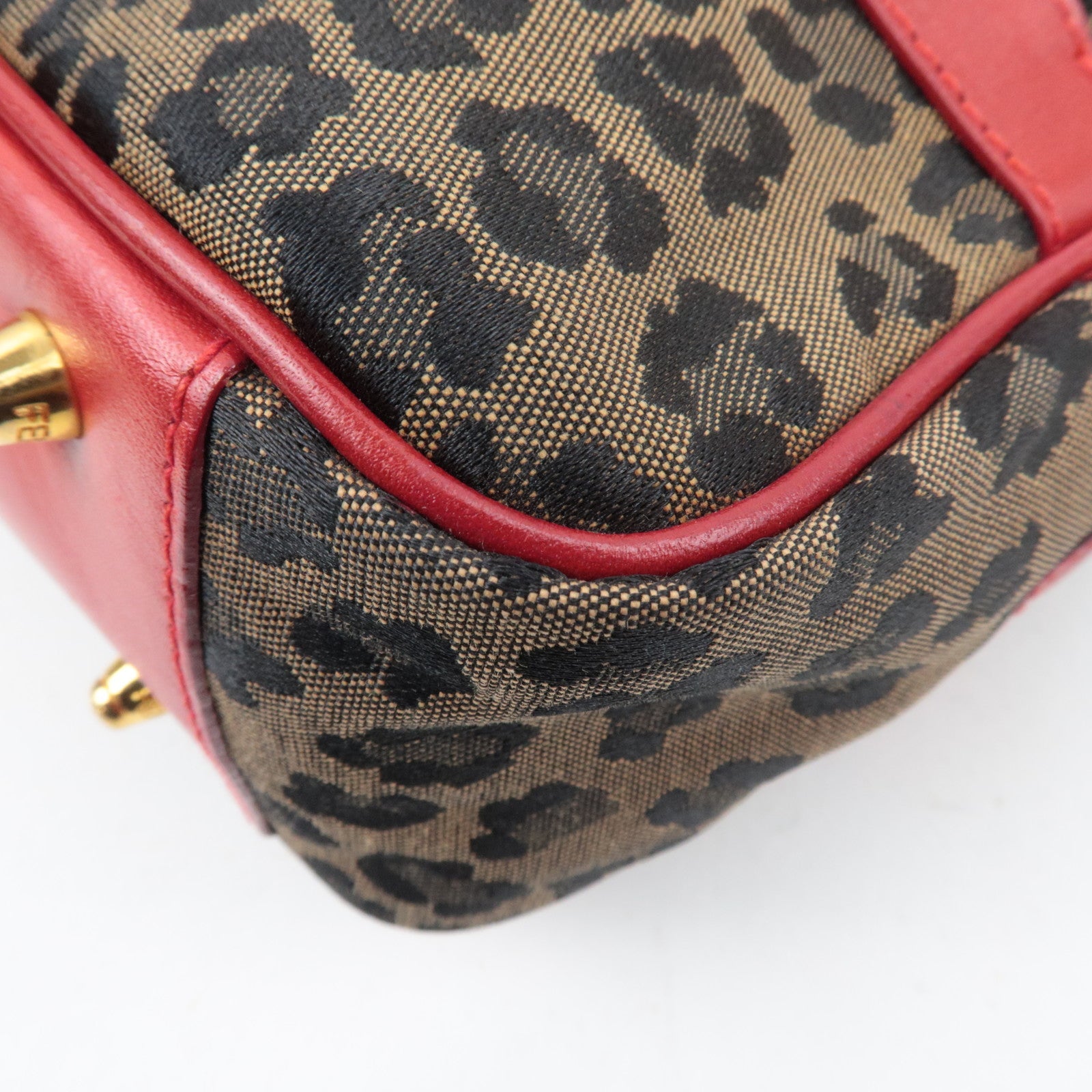 FENDI Leopard Canvas Leather Shoulder Bag Beige Red *Strap