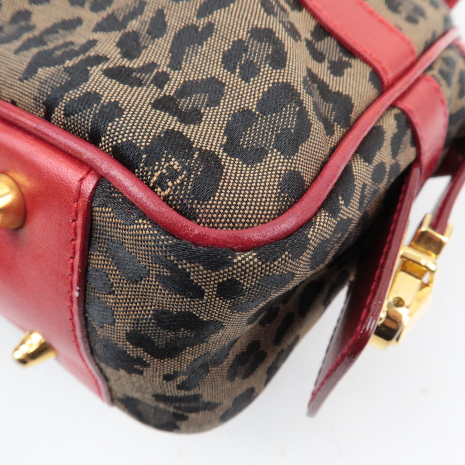 FENDI Leopard Canvas Leather Shoulder Bag Beige Red *Strap