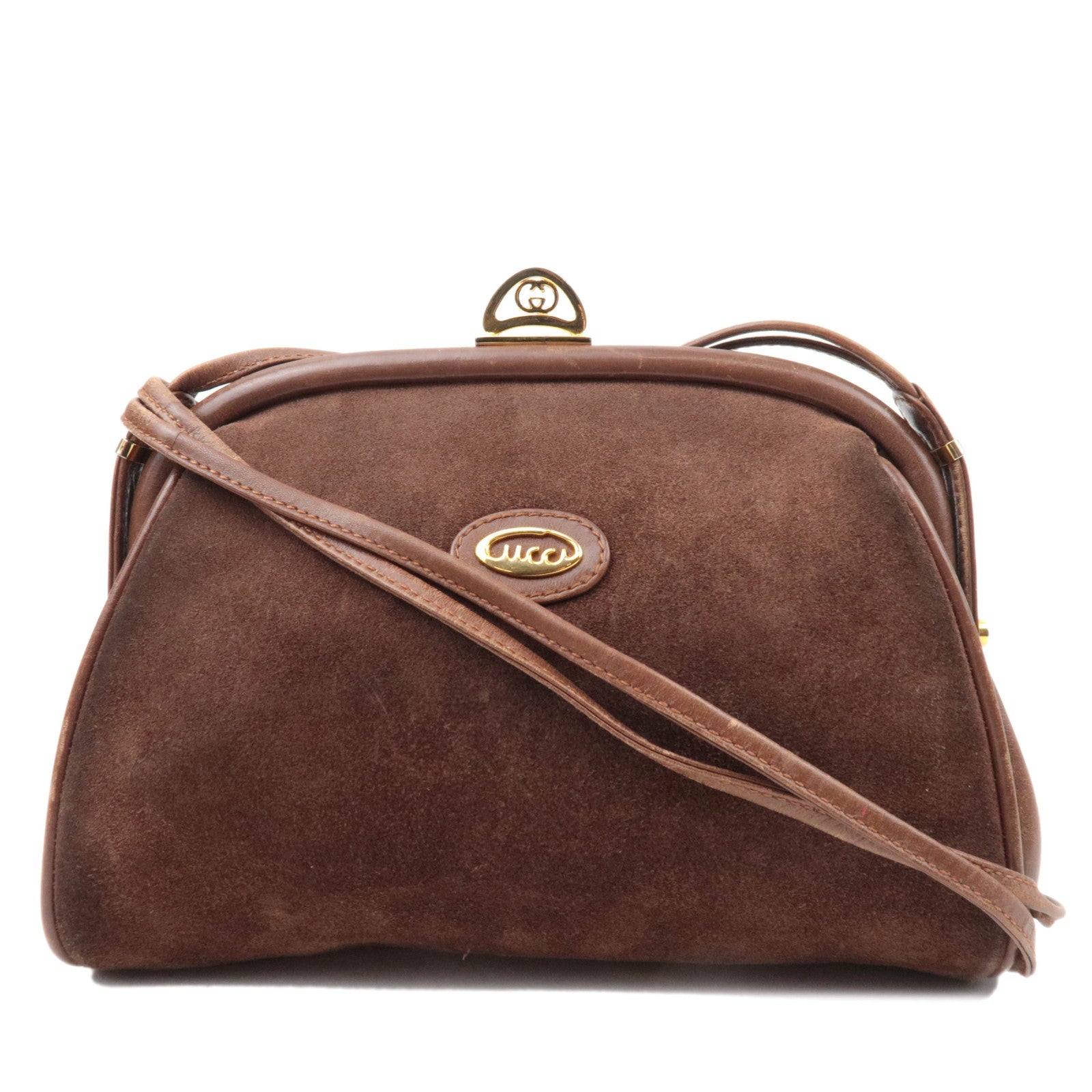 GUCCI Old Gucci Kiss Lock Suede Shoulder Bag Brown85019