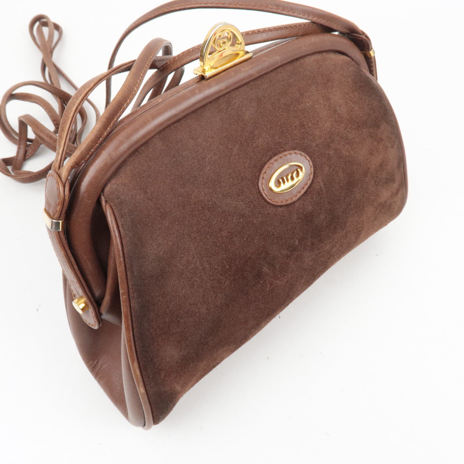 GUCCI Old Gucci Kiss Lock Suede Shoulder Bag Brown