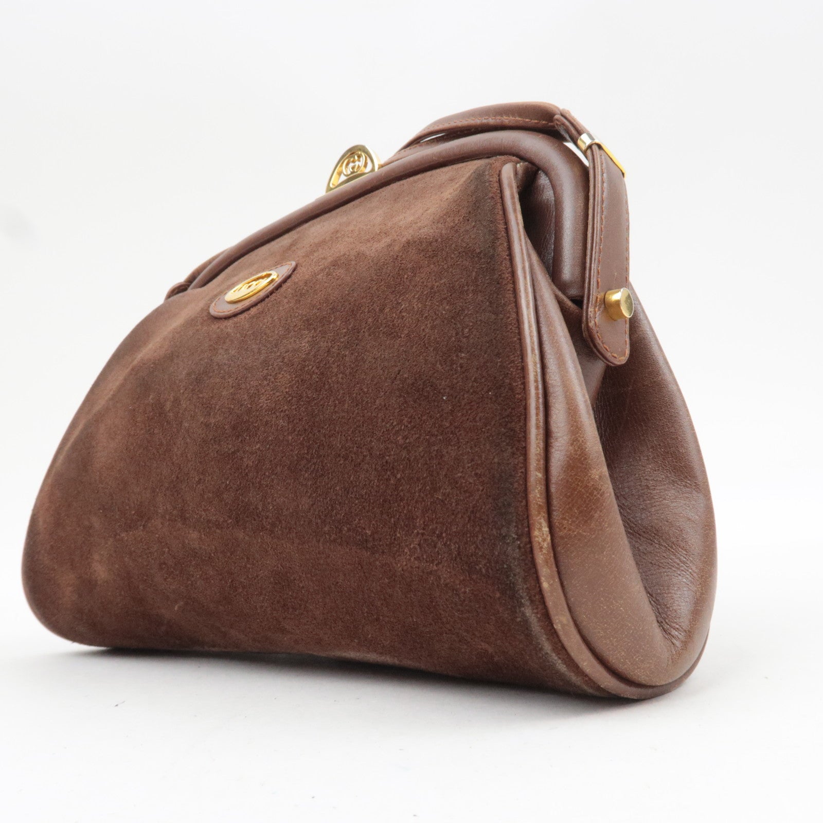 GUCCI Old Gucci Kiss Lock Suede Shoulder Bag Brown
