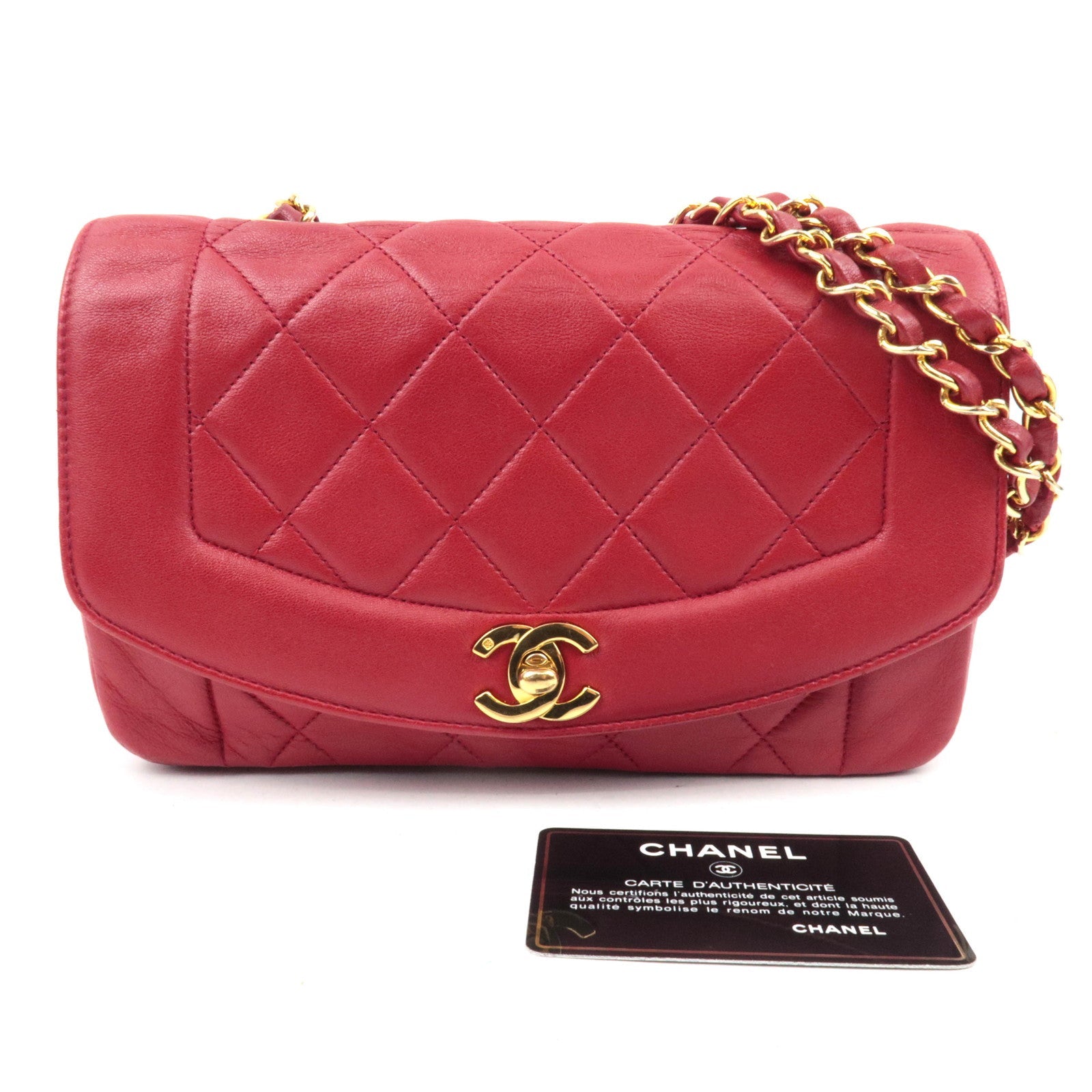 CHANEL Matelasse Diana 22 Chain Shoulder Bag Lambskin Red Gold HDW 1703775 *G Card