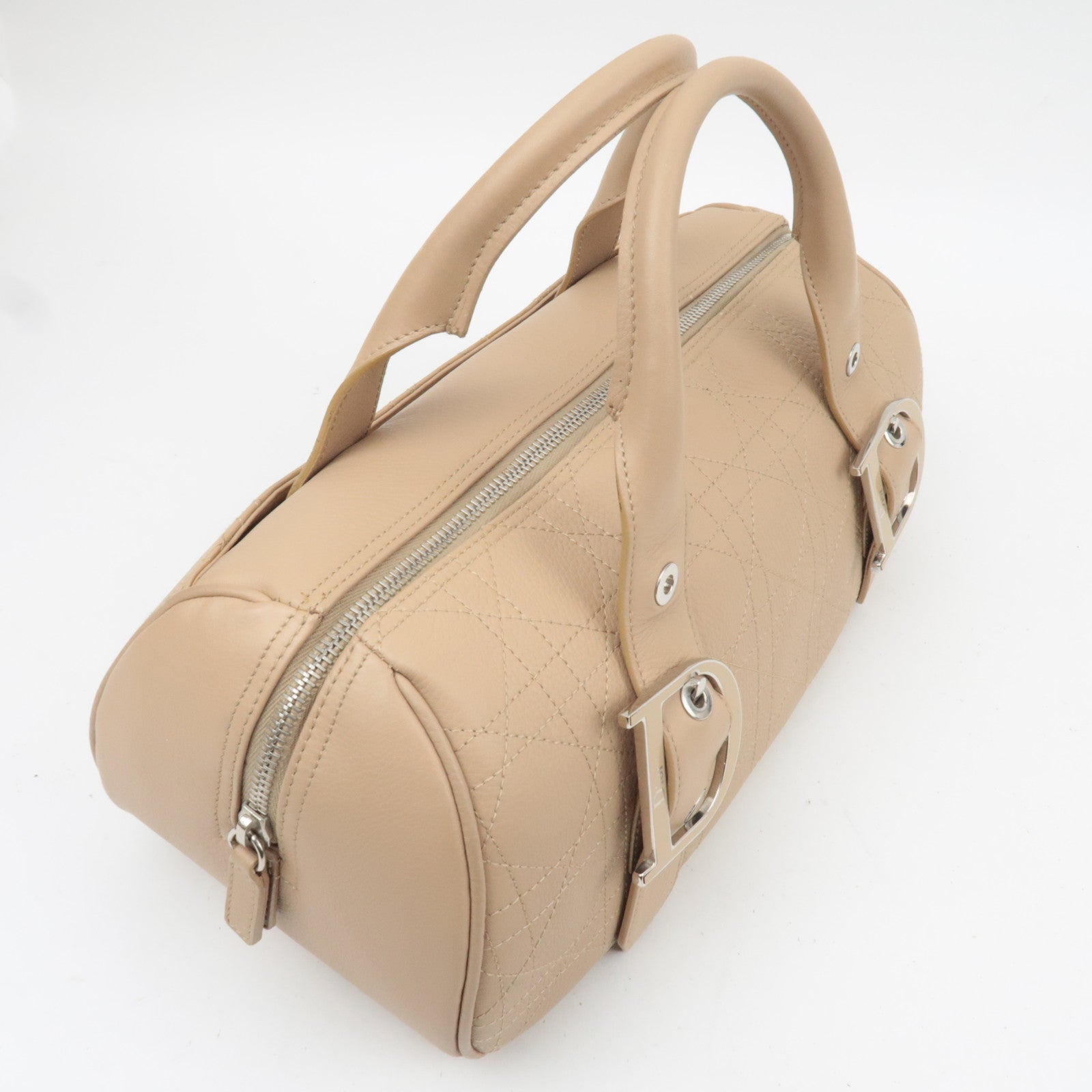 Christian Dior Cannage Leather Boston Hand Bag Beige