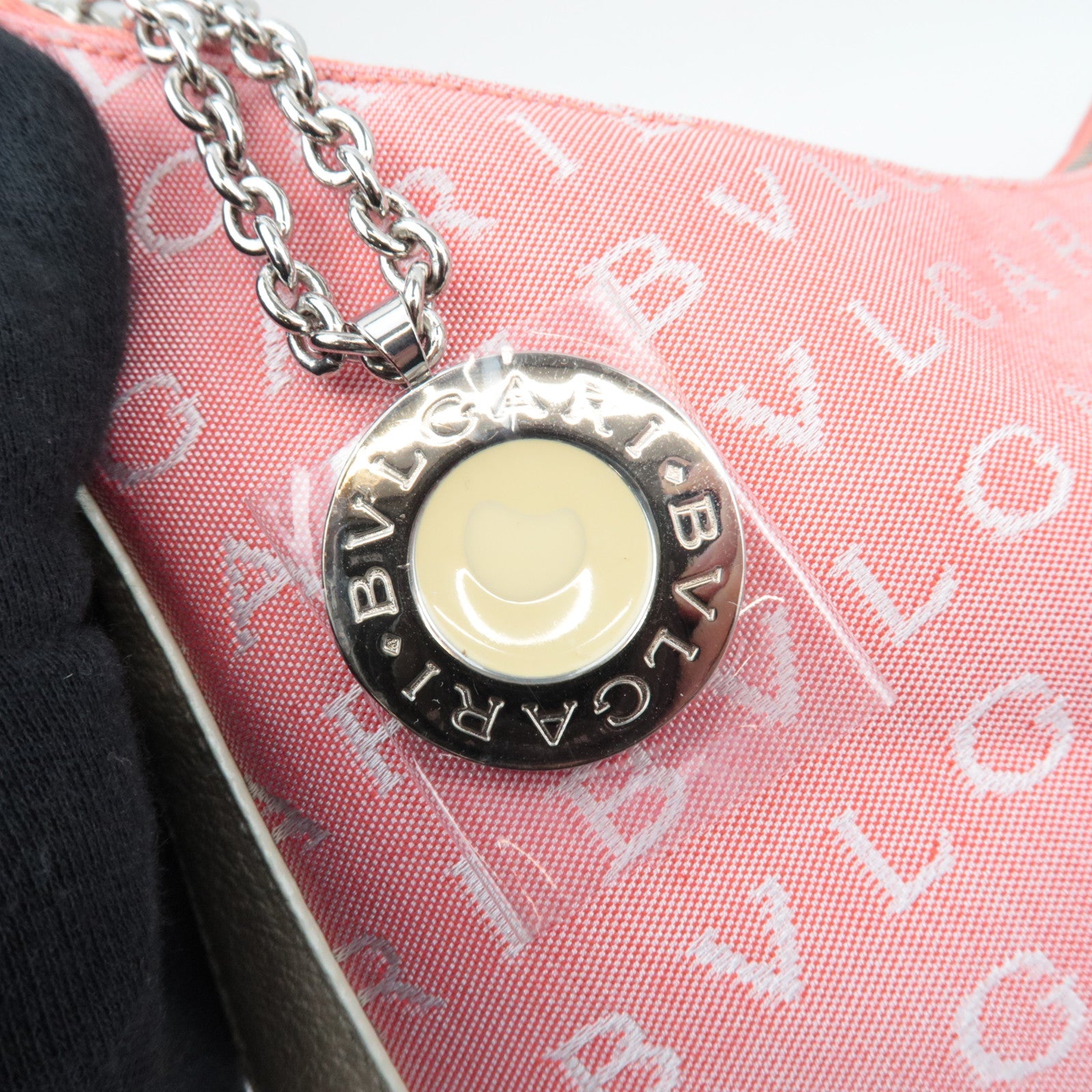 BVLGARI Logomania Canvas Leather Shoulder Bag Pink White