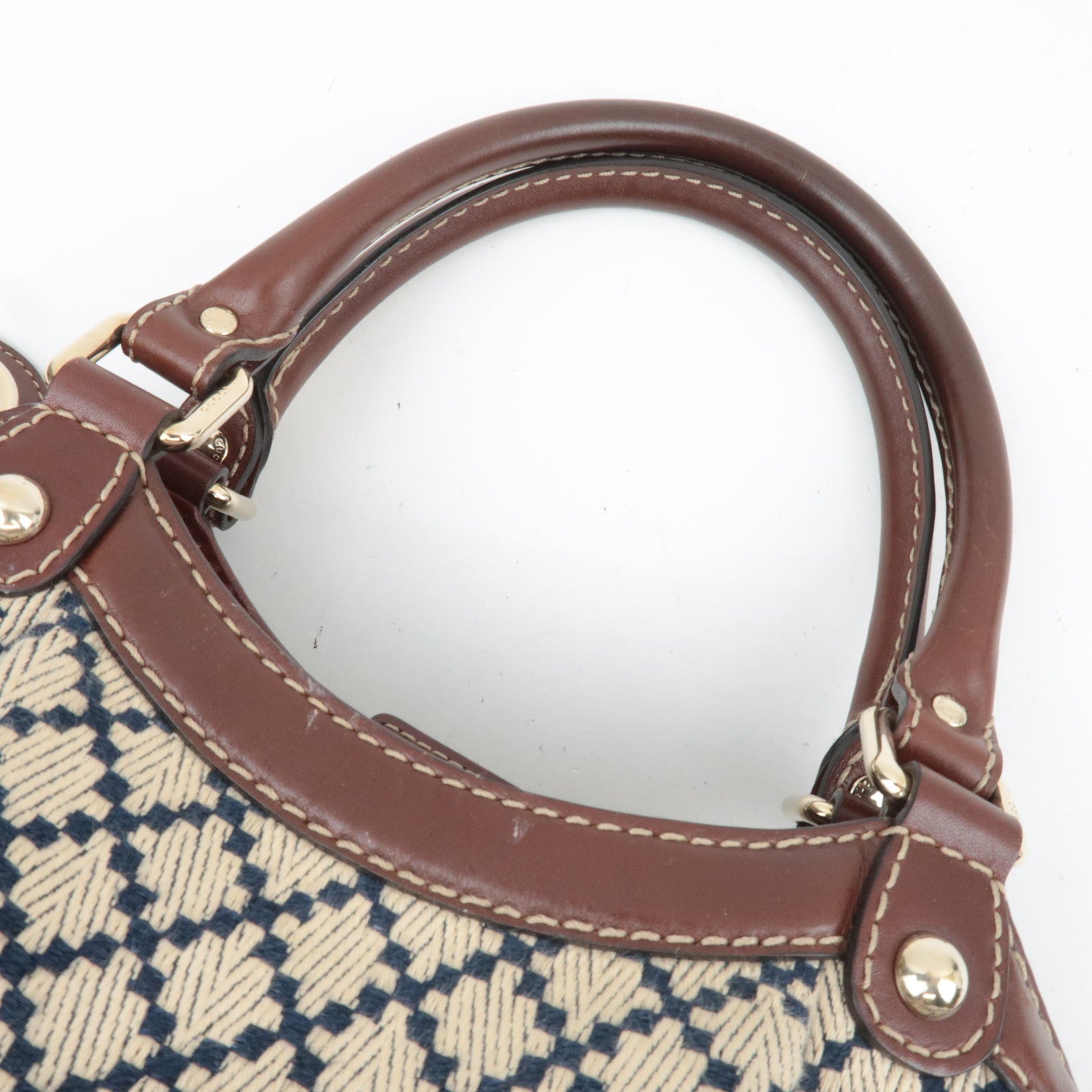 GUCCI Diamante Sukey Canvas Leather Handbag Beige Navy Brown 211944
