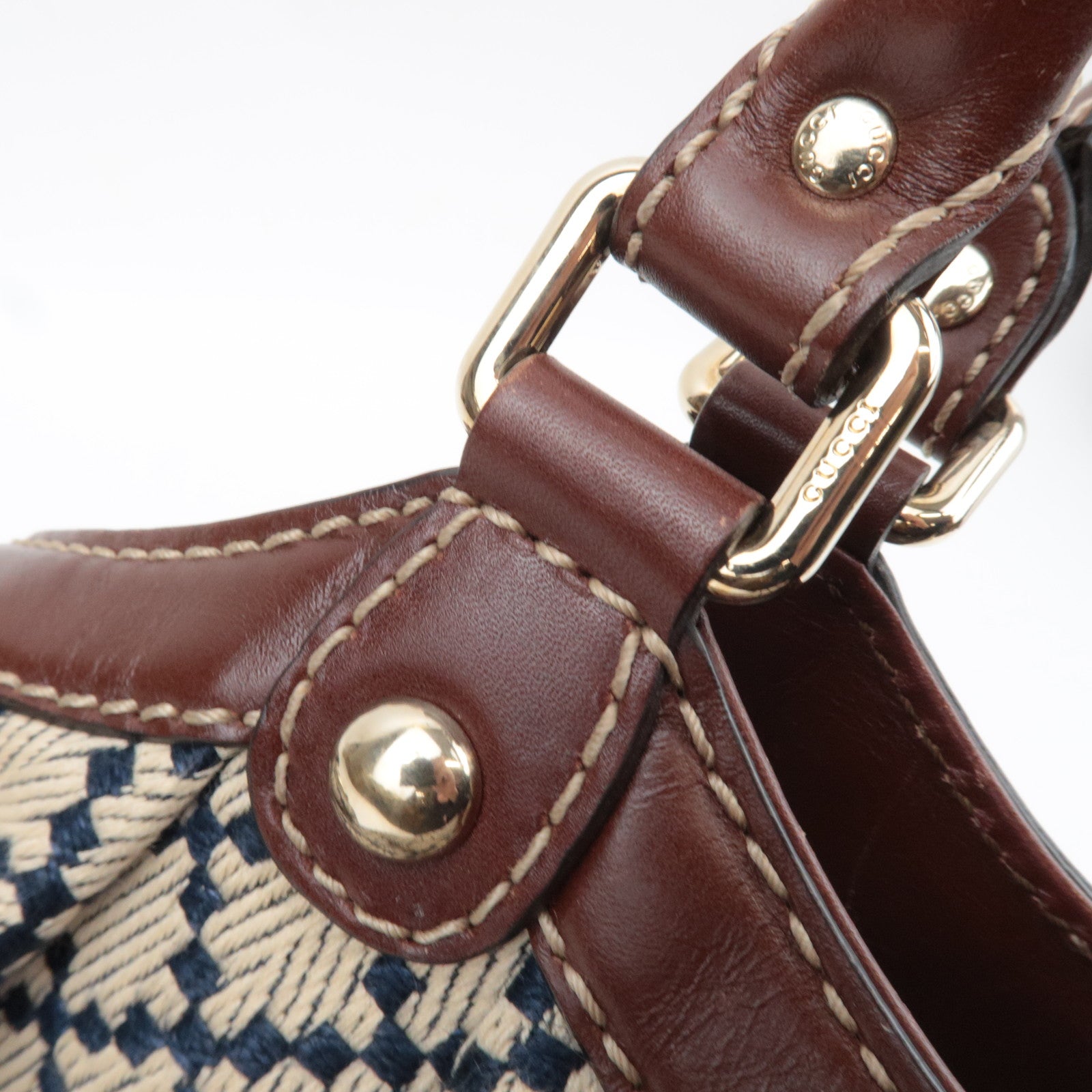 GUCCI Diamante Sukey Canvas Leather Handbag Beige Navy Brown 211944