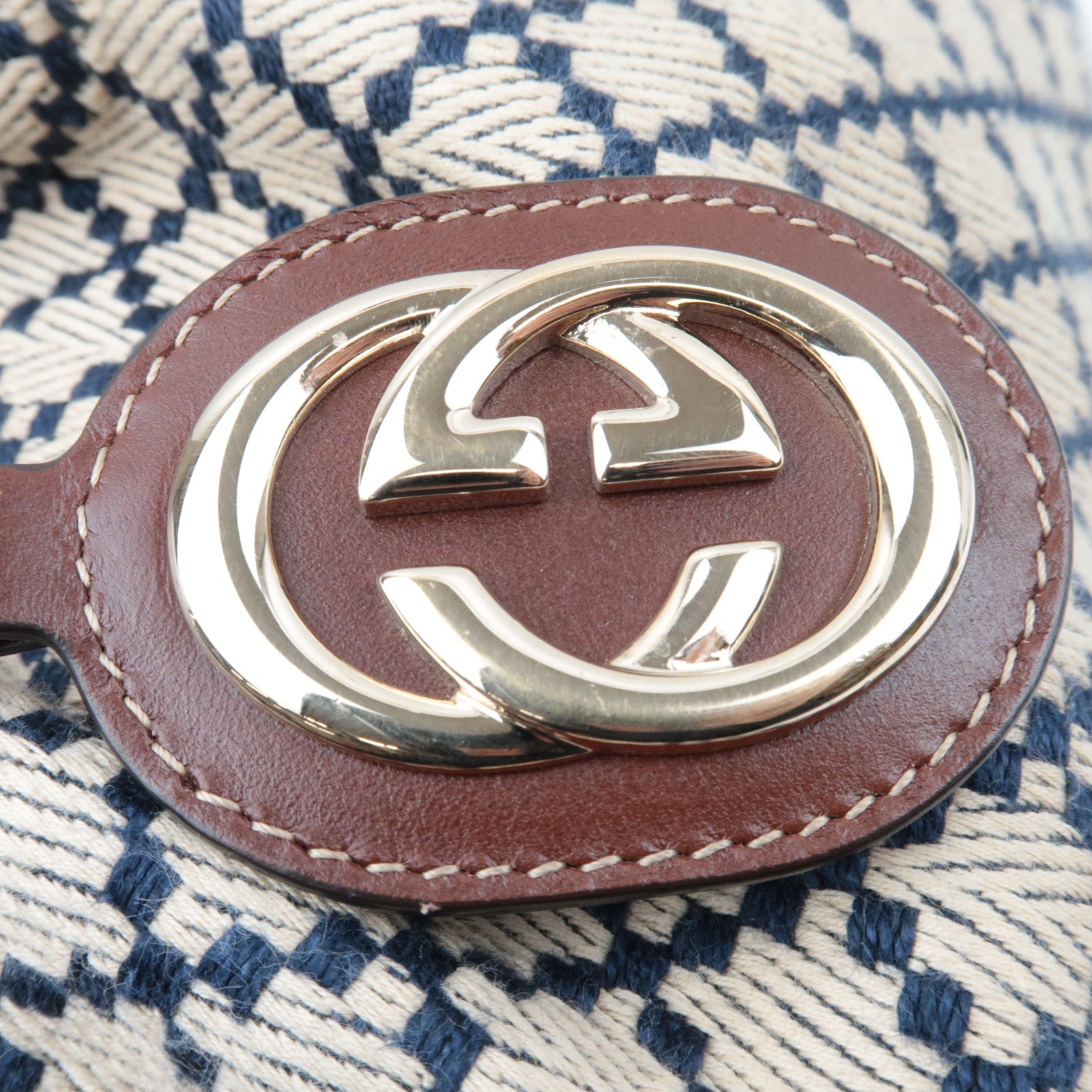 GUCCI Diamante Sukey Canvas Leather Handbag Beige Navy Brown 211944