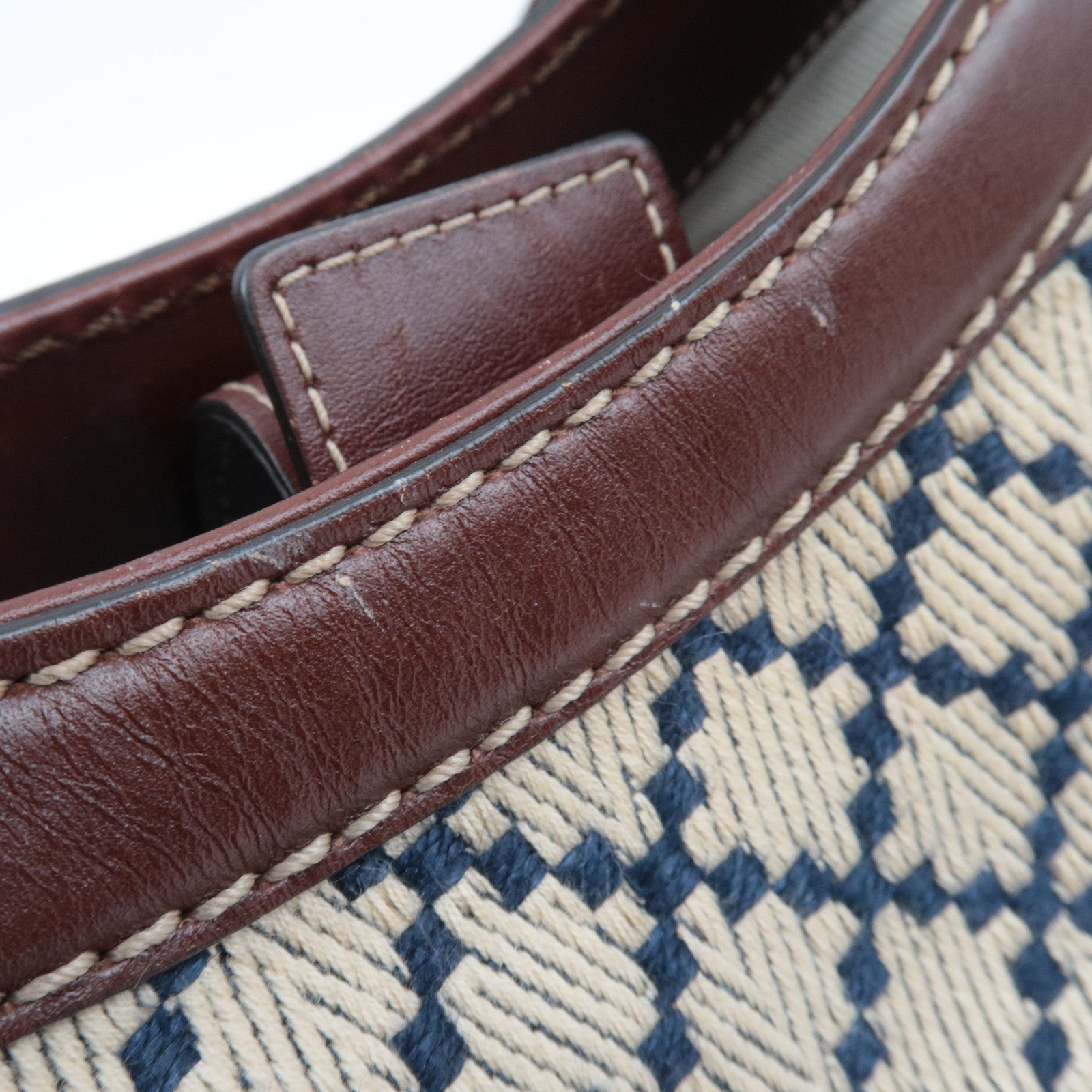 GUCCI Diamante Sukey Canvas Leather Handbag Beige Navy Brown 211944