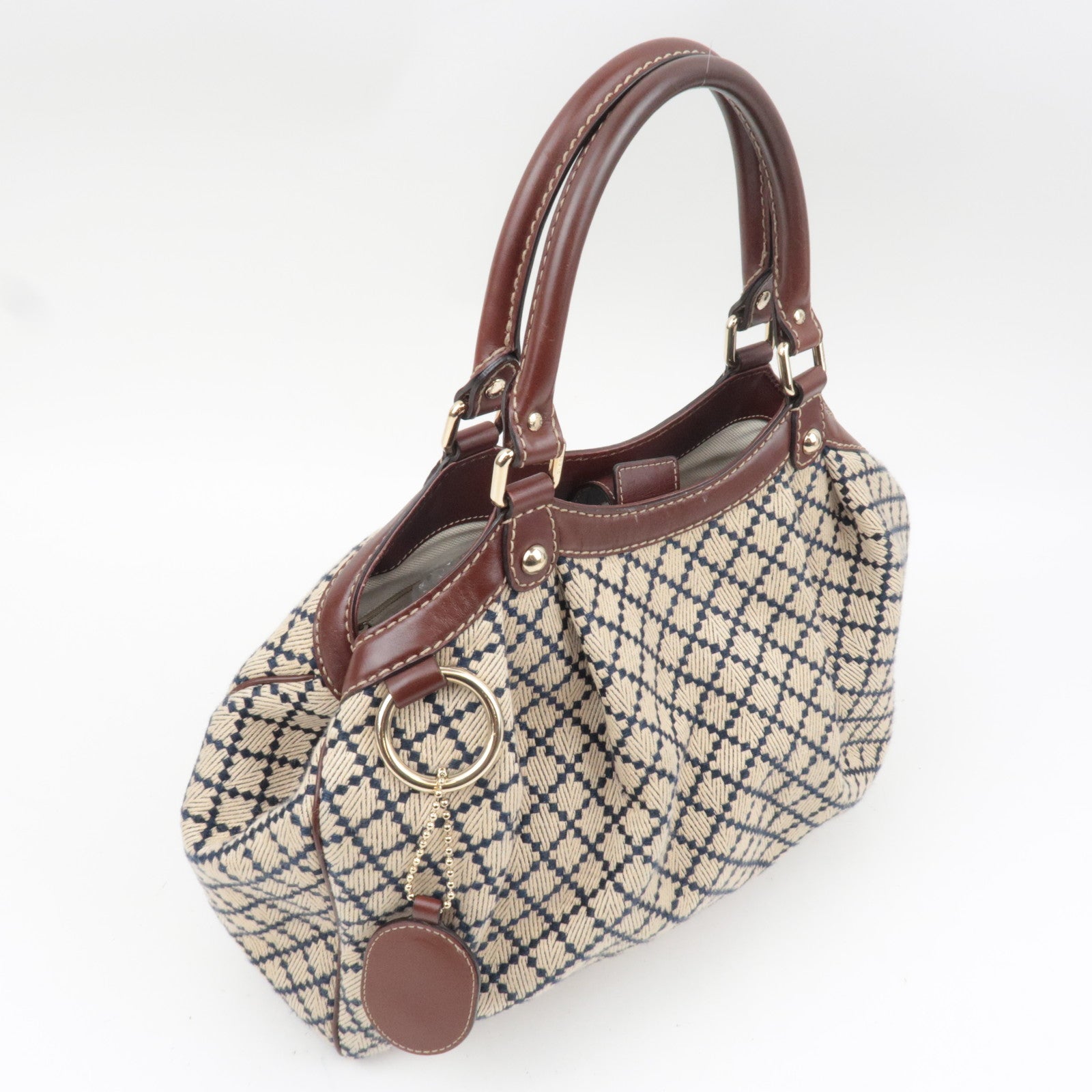 GUCCI Diamante Sukey Canvas Leather Handbag Beige Navy Brown 211944
