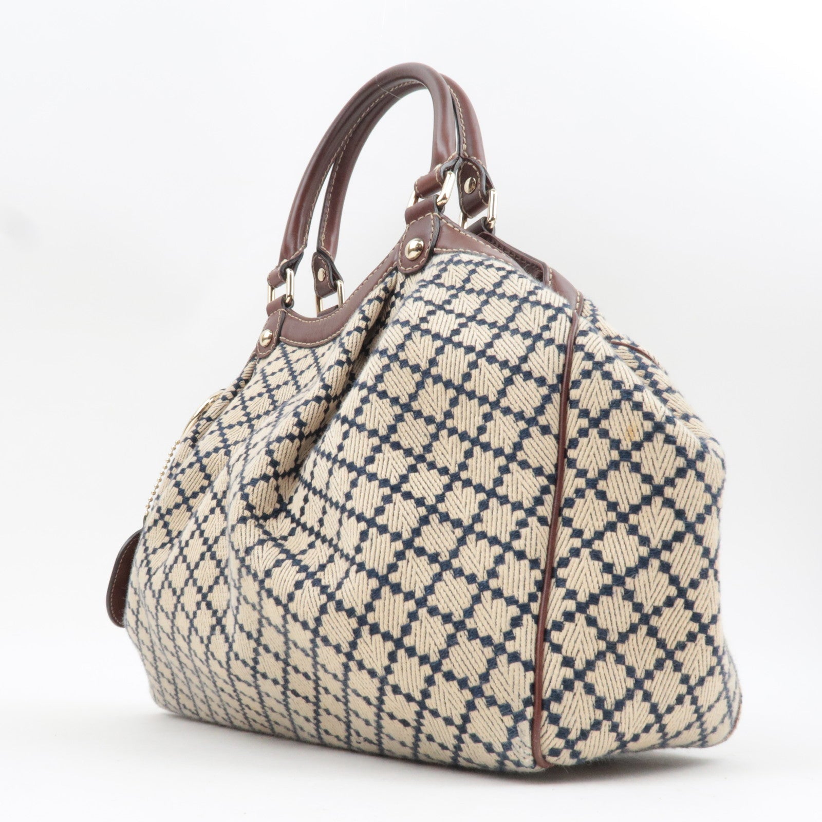 GUCCI Diamante Sukey Canvas Leather Handbag Beige Navy Brown 211944