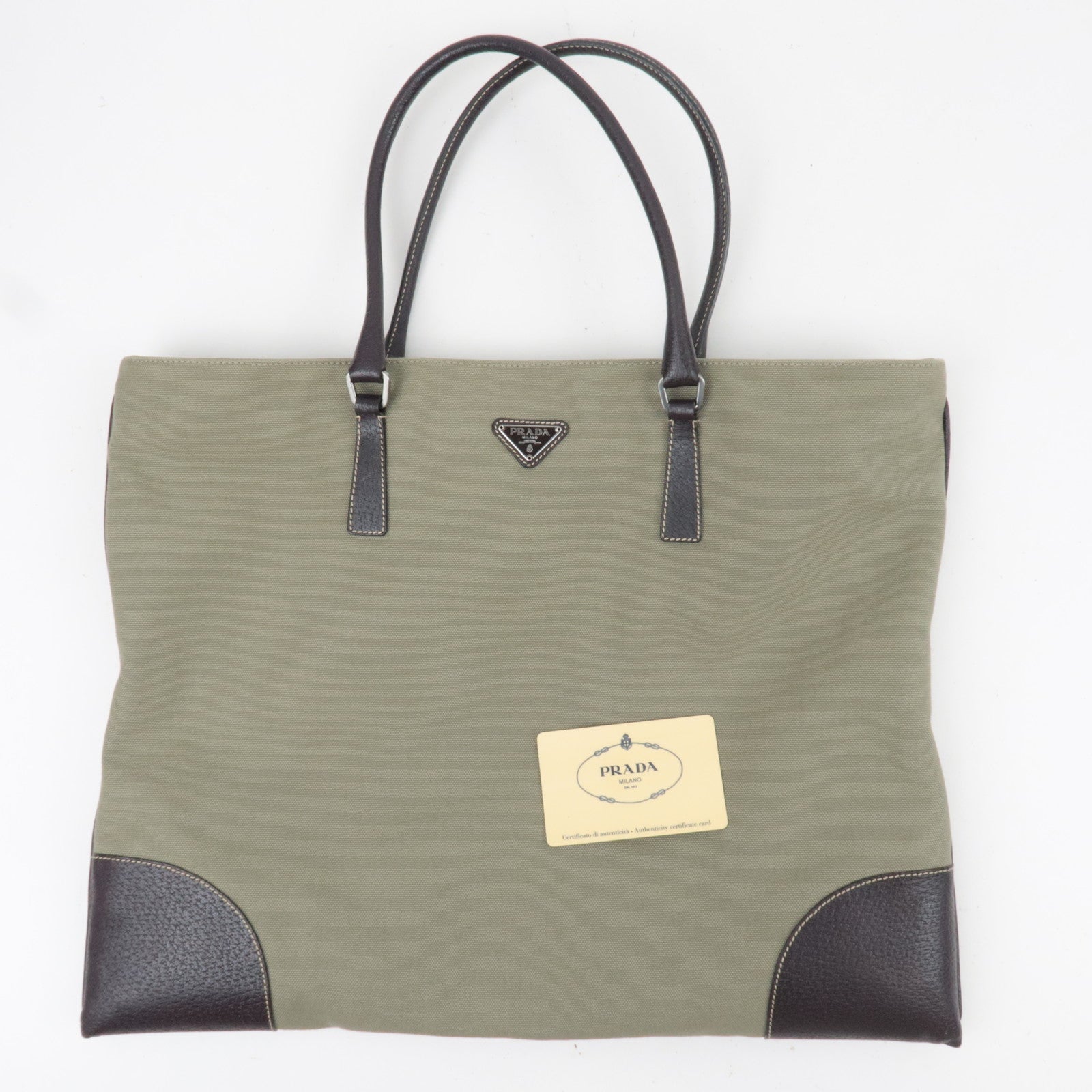 PRADA Tote Bag Canvas Leather Khaki Brown BN0540