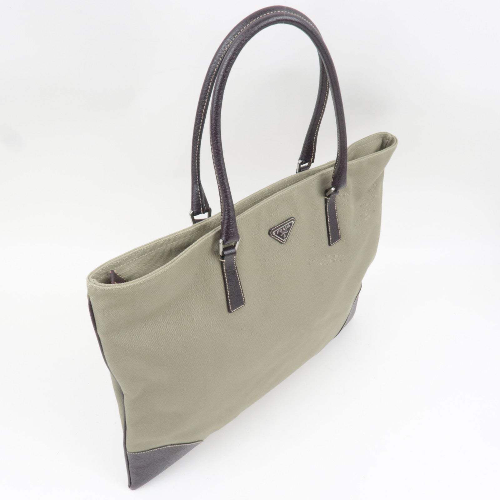 PRADA Tote Bag Canvas Leather Khaki Brown BN0540