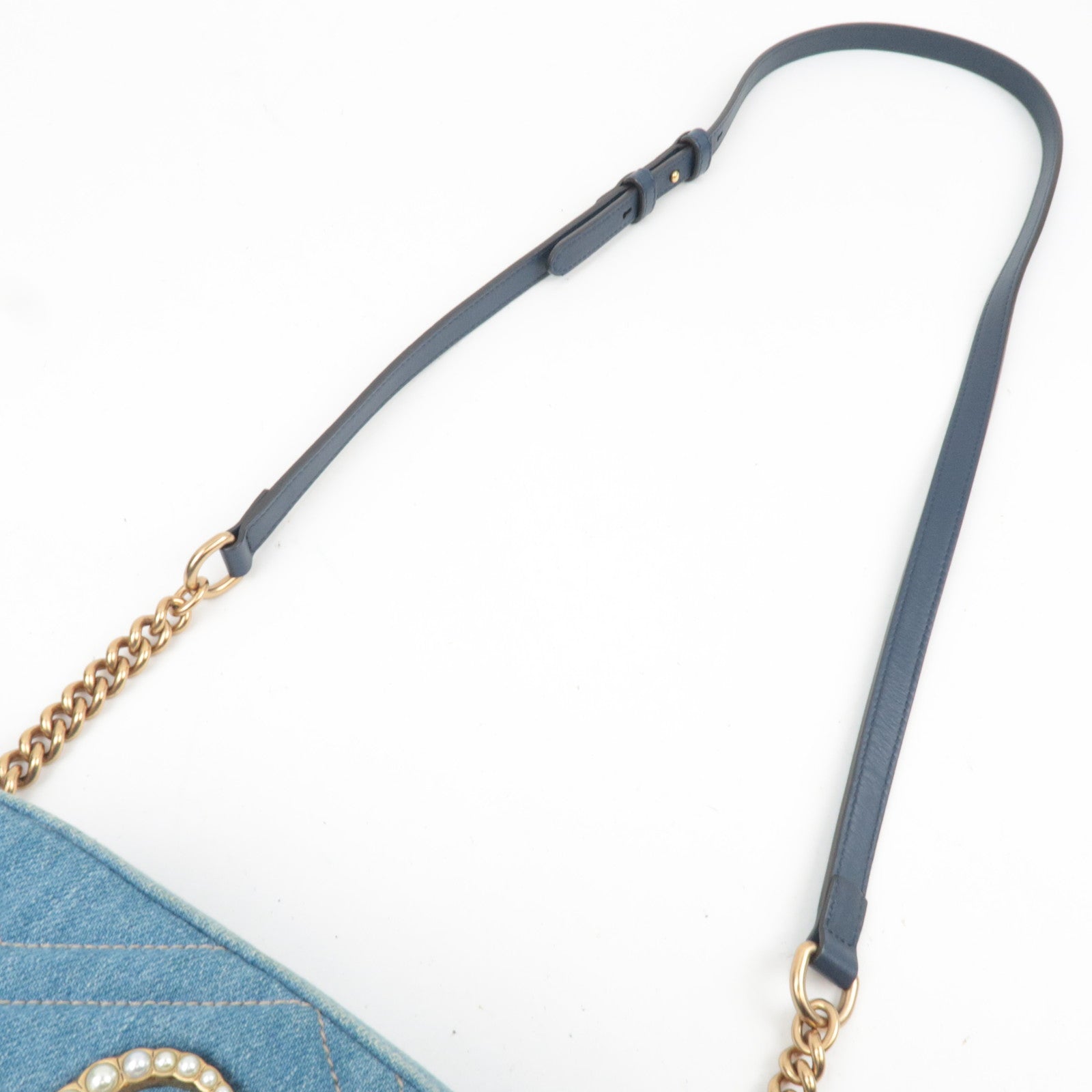 GUCCI GG Marmont Faux Pearl Chain Shoulder Bag Denim Leather Blue 447632