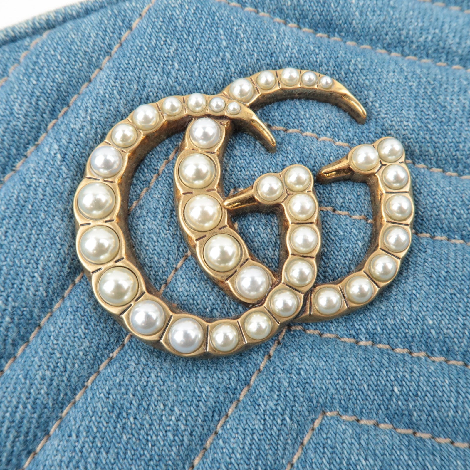 GUCCI GG Marmont Faux Pearl Chain Shoulder Bag Denim Leather Blue 447632