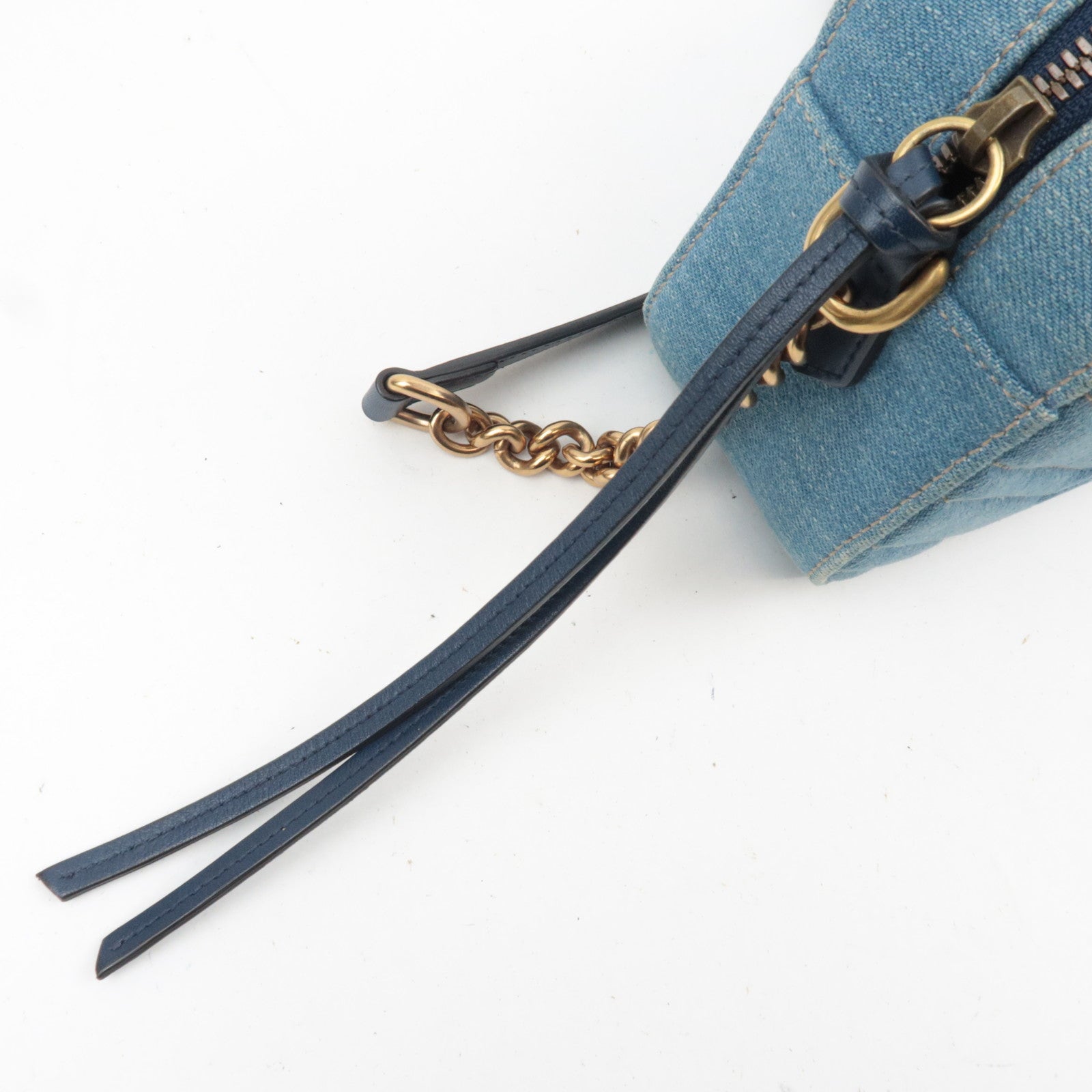 GUCCI GG Marmont Faux Pearl Chain Shoulder Bag Denim Leather Blue 447632