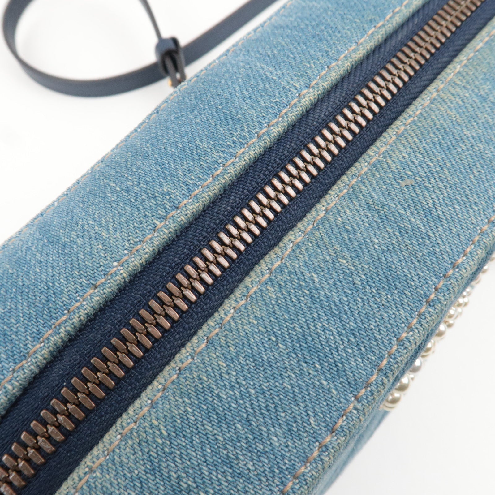 GUCCI GG Marmont Faux Pearl Chain Shoulder Bag Denim Leather Blue 447632