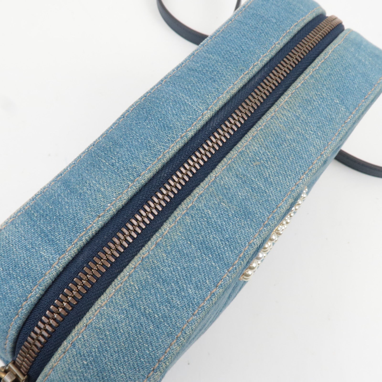 GUCCI GG Marmont Faux Pearl Chain Shoulder Bag Denim Leather Blue 447632