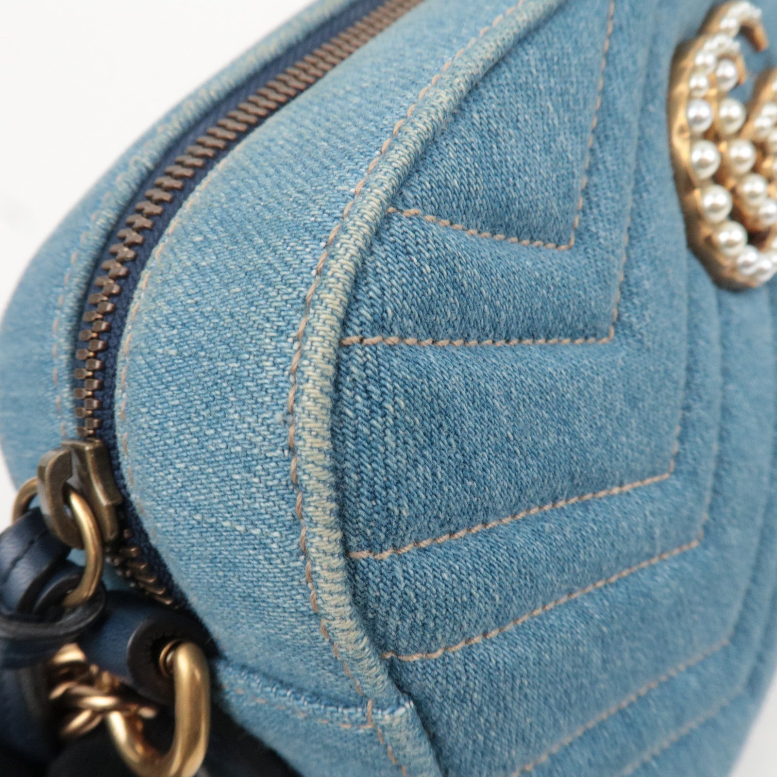 GUCCI GG Marmont Faux Pearl Chain Shoulder Bag Denim Leather Blue 447632