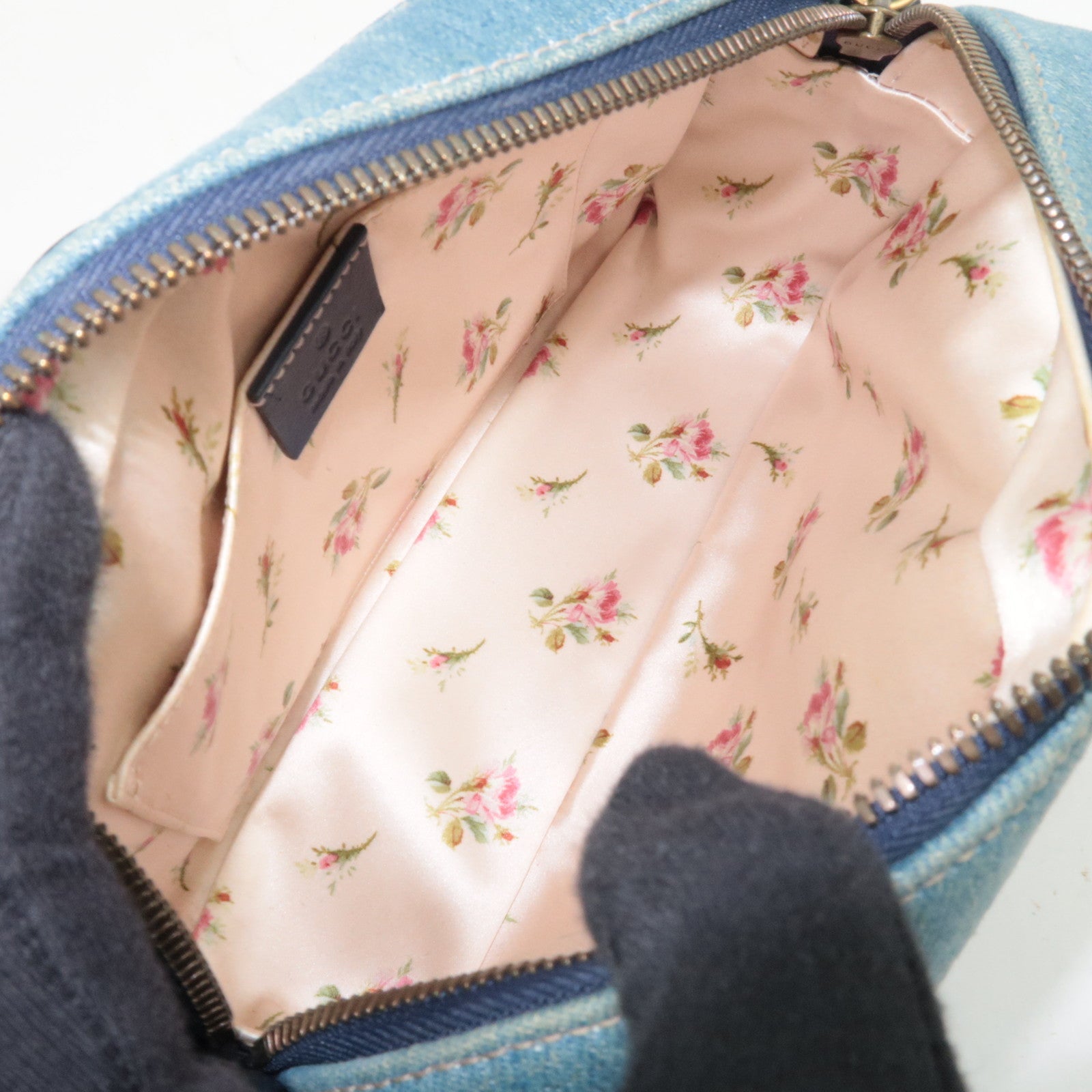 GUCCI GG Marmont Faux Pearl Chain Shoulder Bag Denim Leather Blue 447632