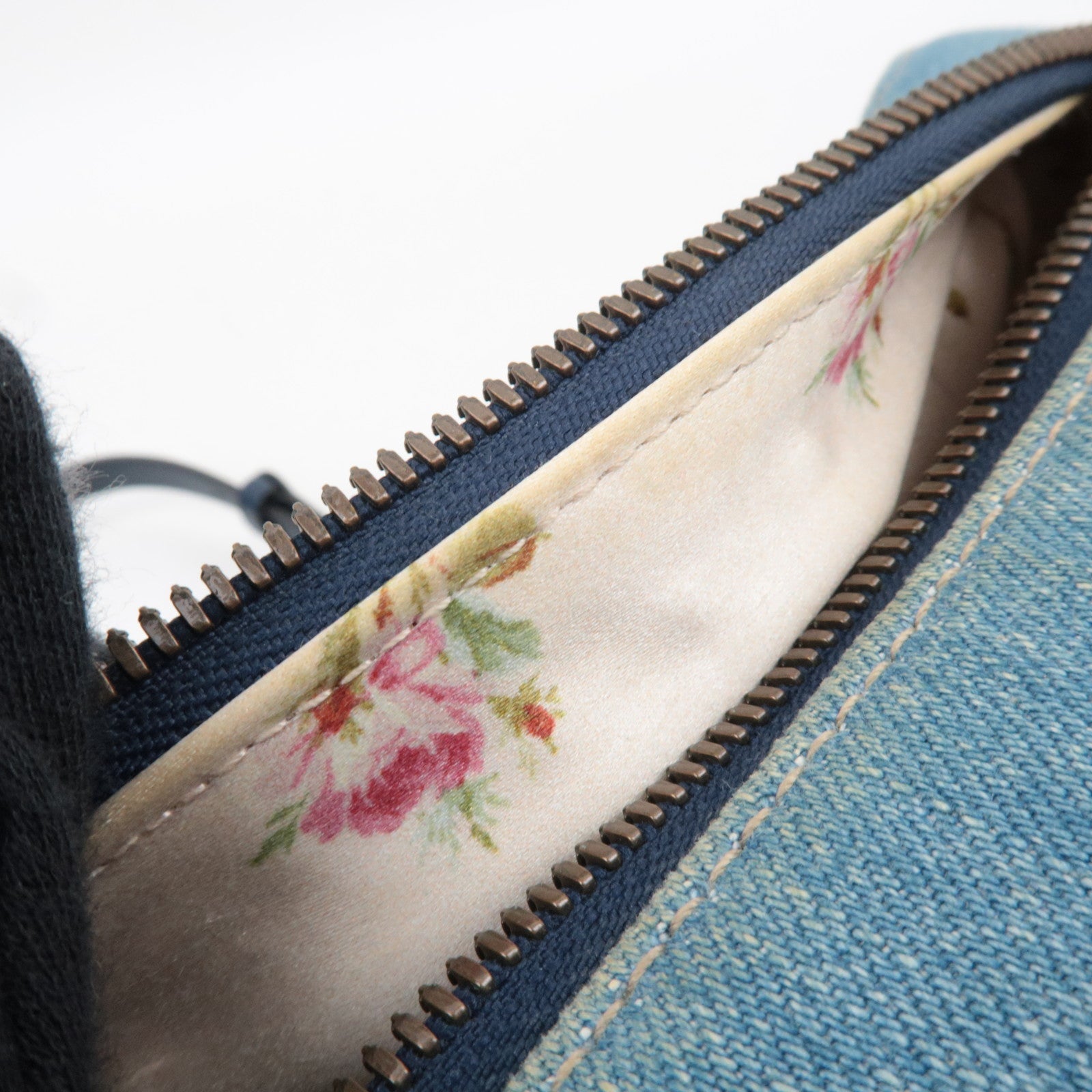 GUCCI GG Marmont Faux Pearl Chain Shoulder Bag Denim Leather Blue 447632