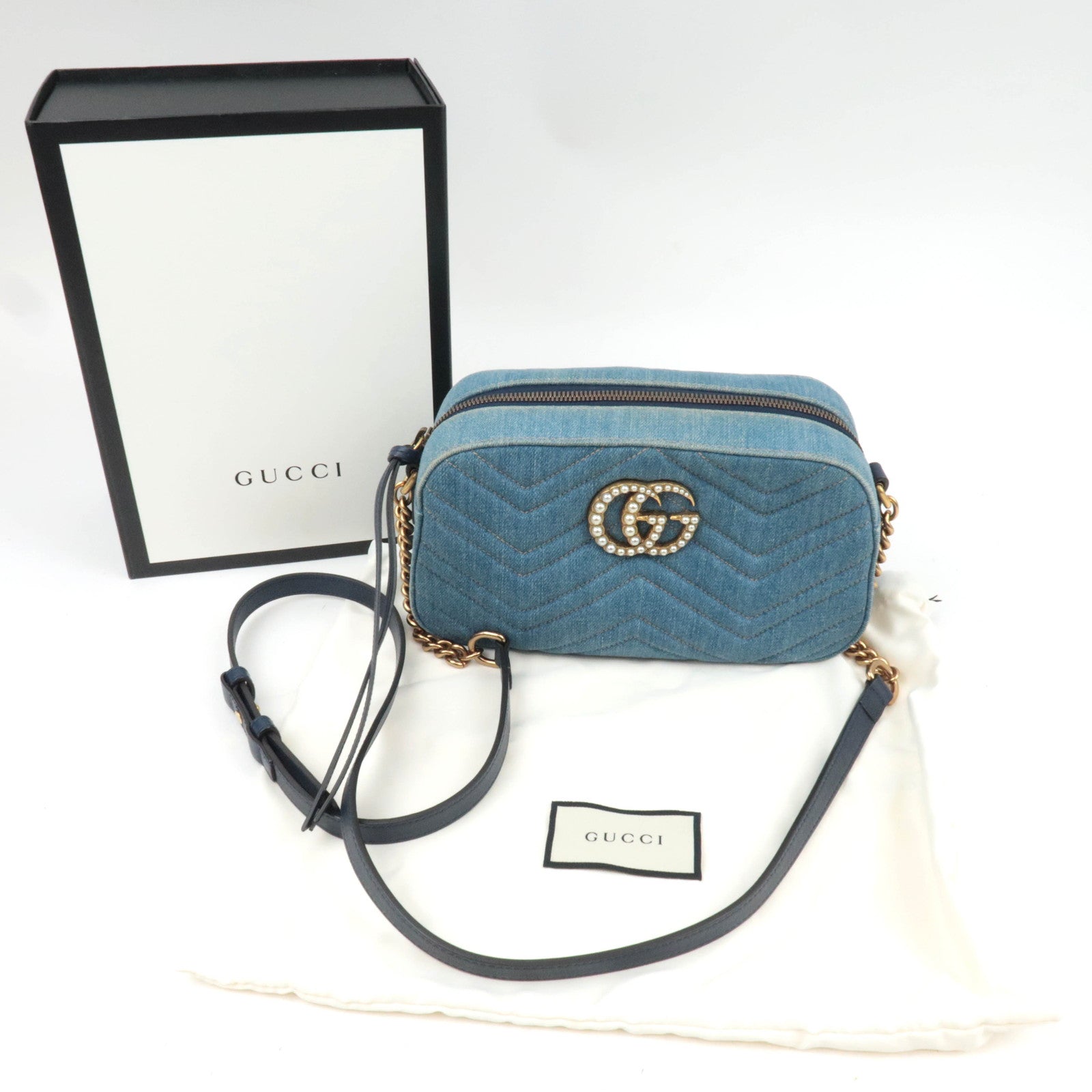 GUCCI GG Marmont Faux Pearl Chain Shoulder Bag Denim Leather Blue 447632