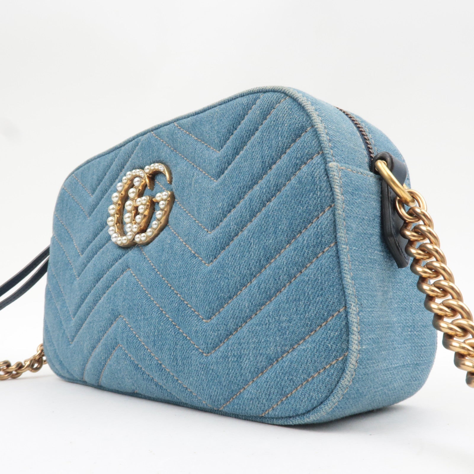 GUCCI GG Marmont Faux Pearl Chain Shoulder Bag Denim Leather Blue 447632