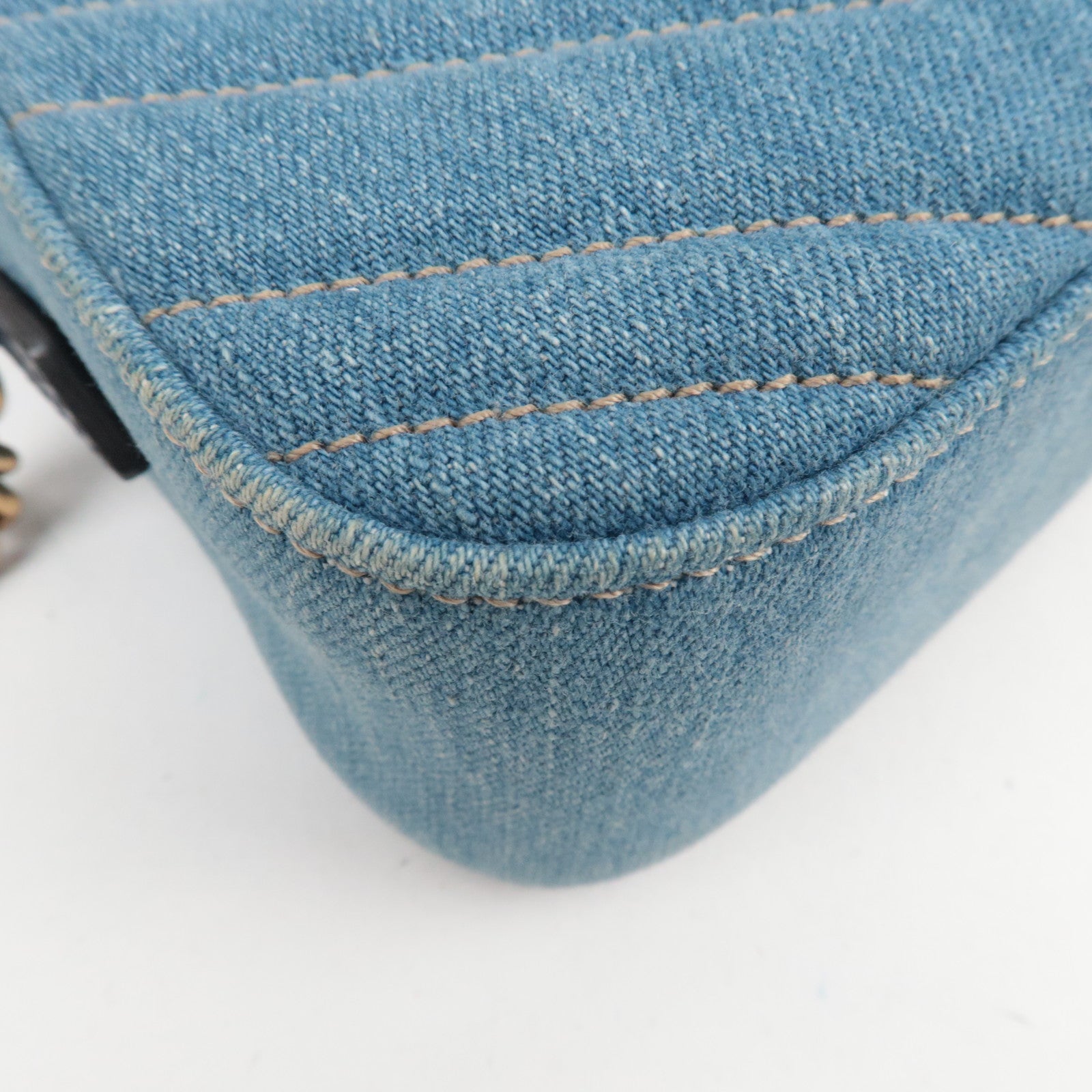 GUCCI GG Marmont Faux Pearl Chain Shoulder Bag Denim Leather Blue 447632