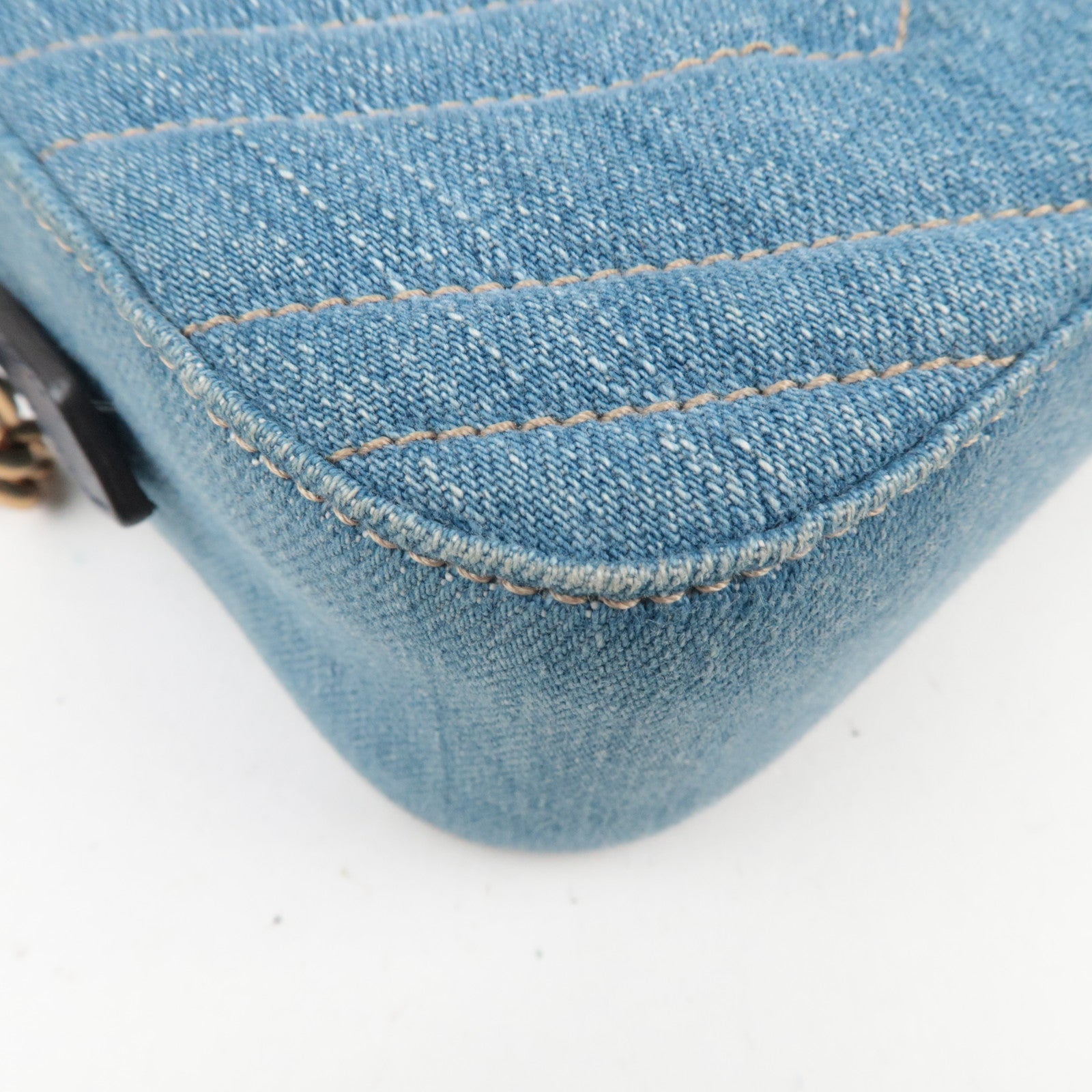 GUCCI GG Marmont Faux Pearl Chain Shoulder Bag Denim Leather Blue 447632