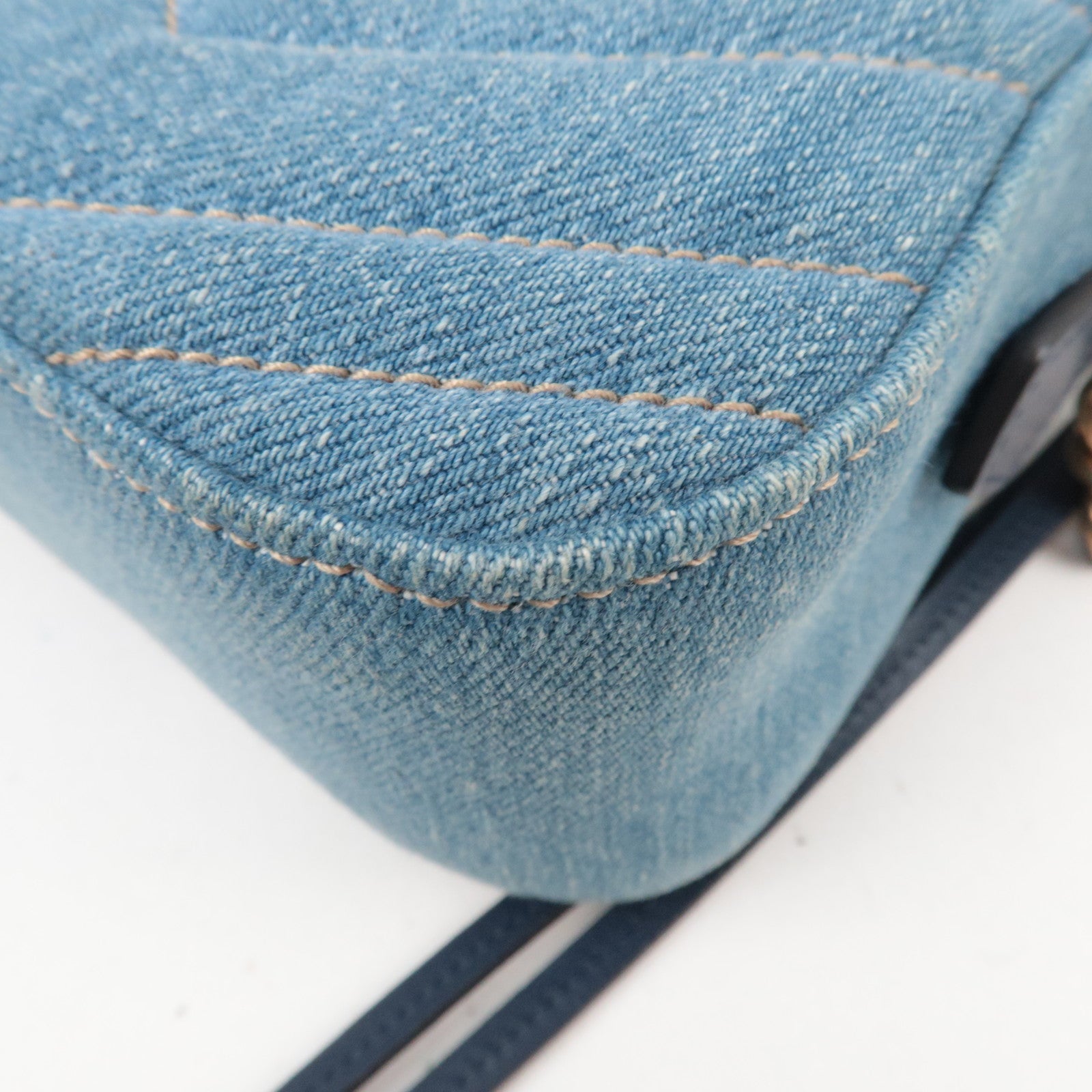 GUCCI GG Marmont Faux Pearl Chain Shoulder Bag Denim Leather Blue 447632