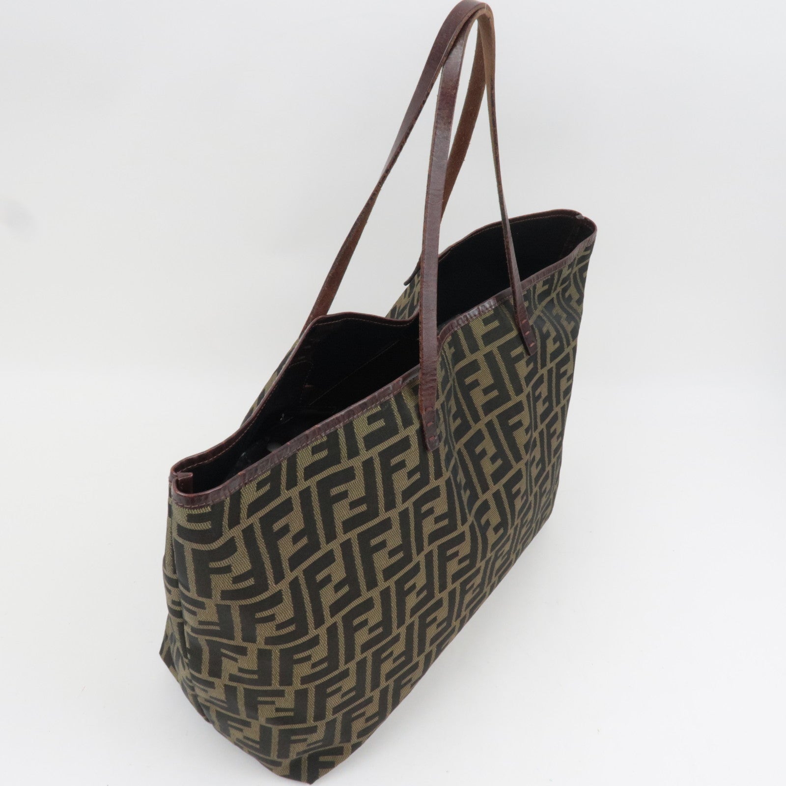 FENDI Zucca Canvas Leather Tote Bag Khaki Black