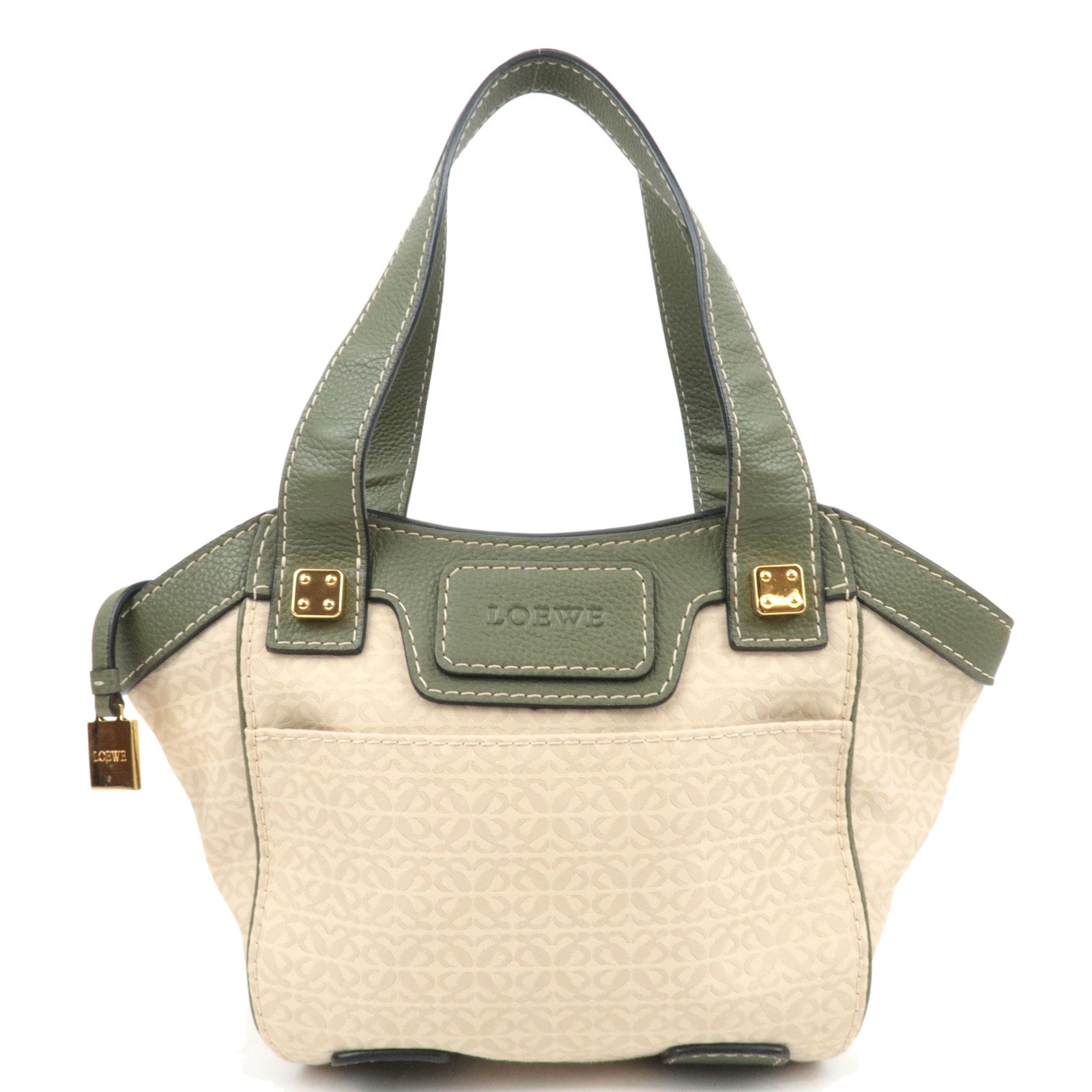 LOEWE New Road Canvas Leather Handbag Beige Khaki   85380
