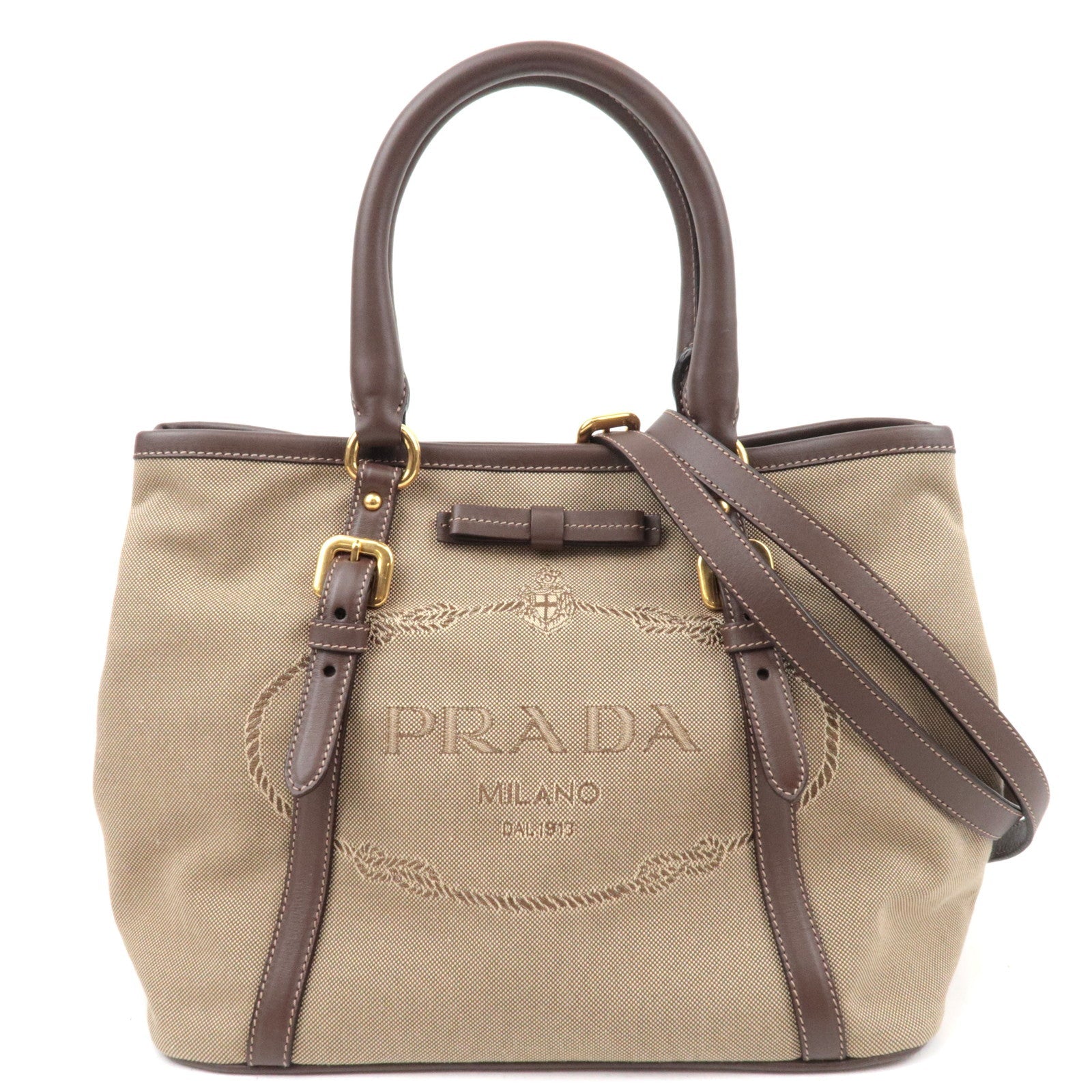 PRADA Logo Jacquard Leather 2Way Shoulder Bag Beige BN184185509