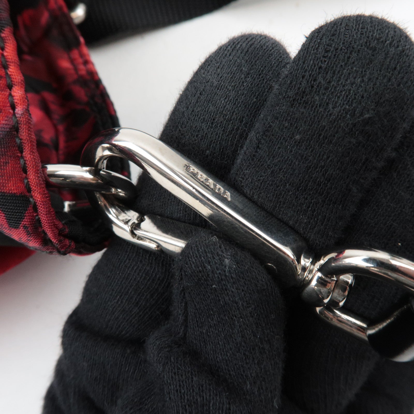 PRADA Floral Print Nylon Leather 2Way Handbag Black Red BN1066