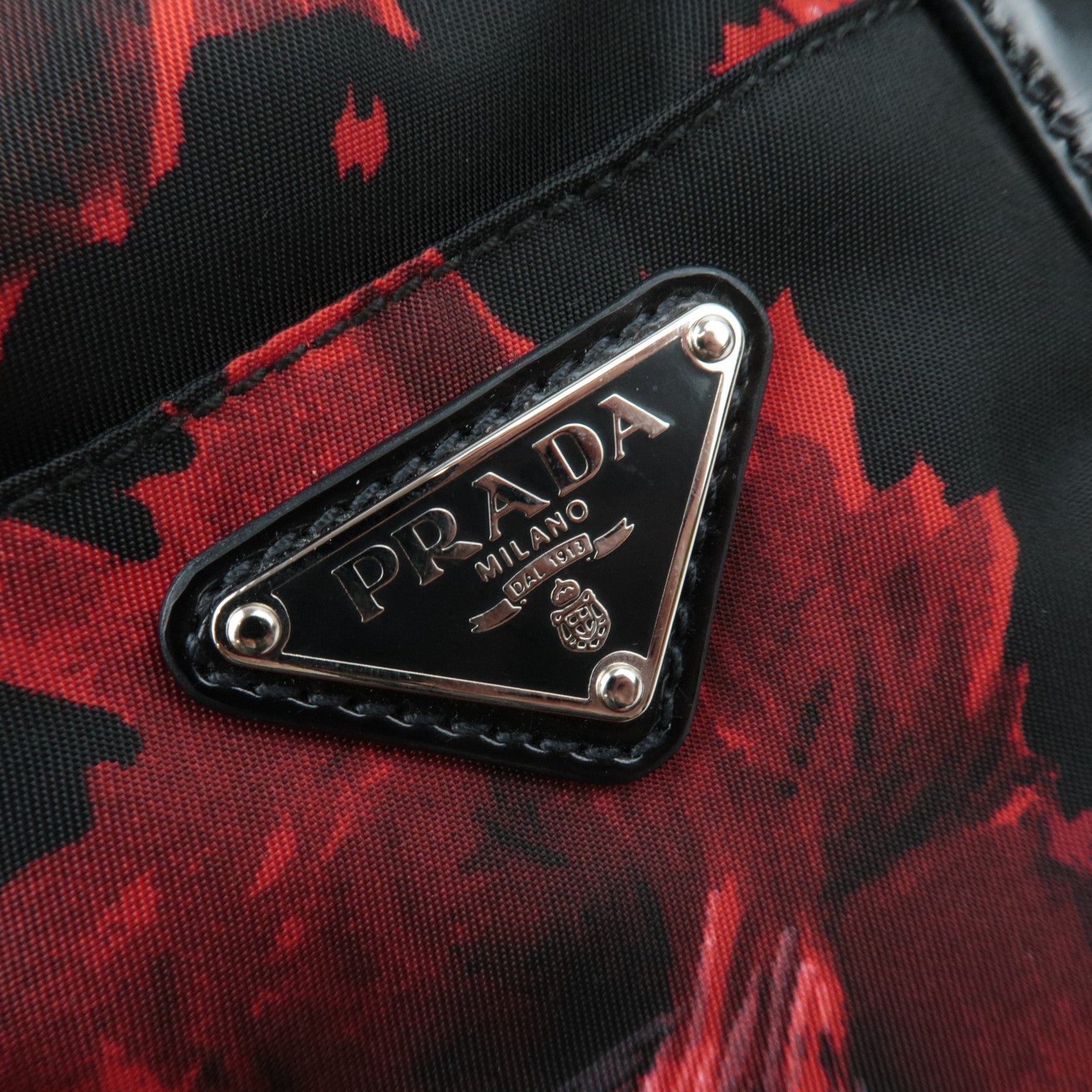 PRADA Floral Print Nylon Leather 2Way Handbag Black Red BN1066