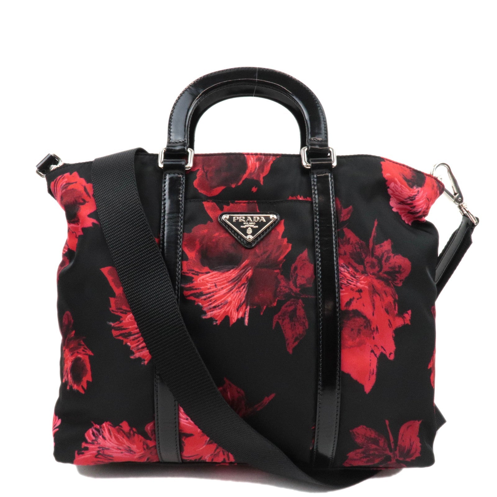 PRADA Floral Print Nylon Leather 2Way Handbag Black Red BN106685525