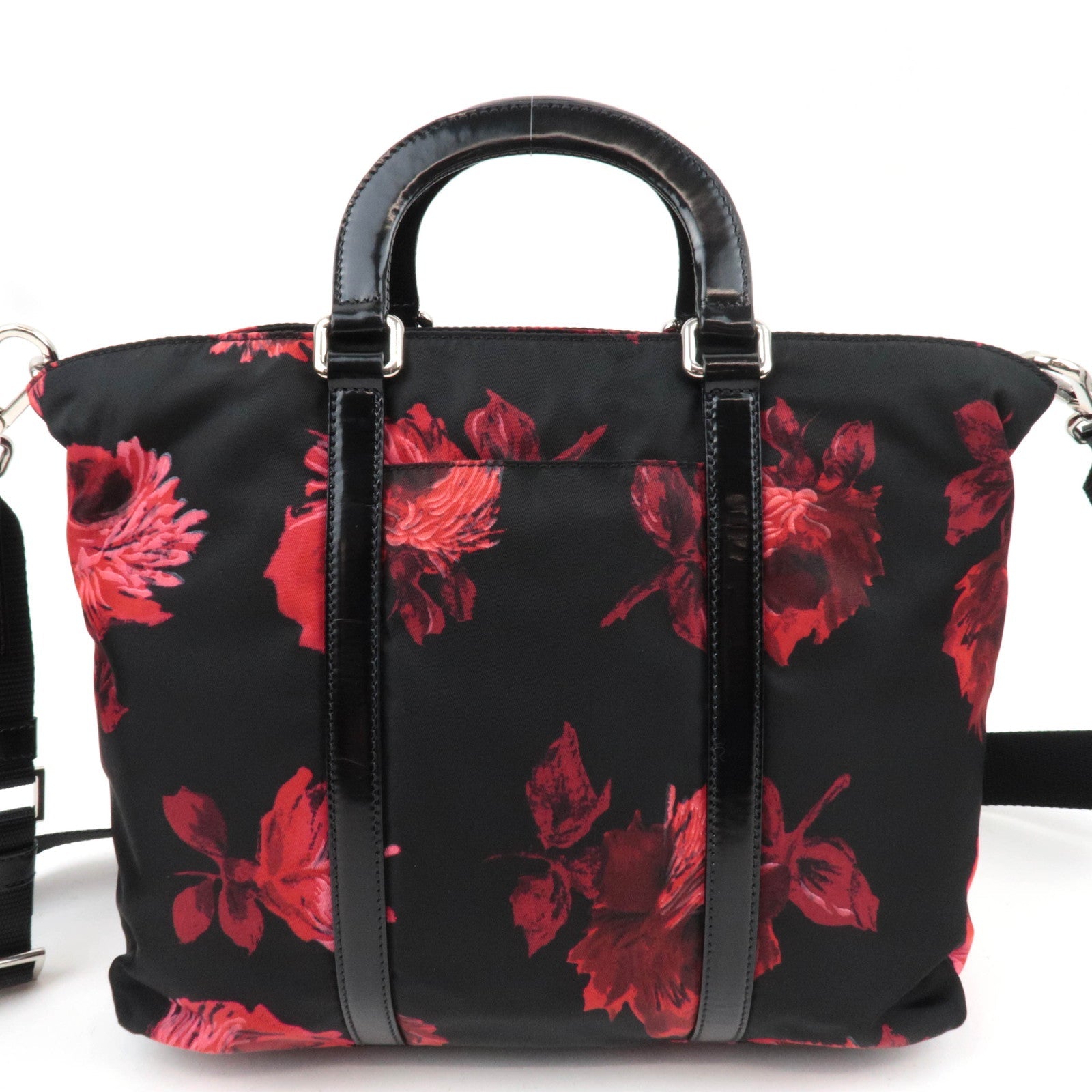 PRADA Floral Print Nylon Leather 2Way Handbag Black Red BN1066
