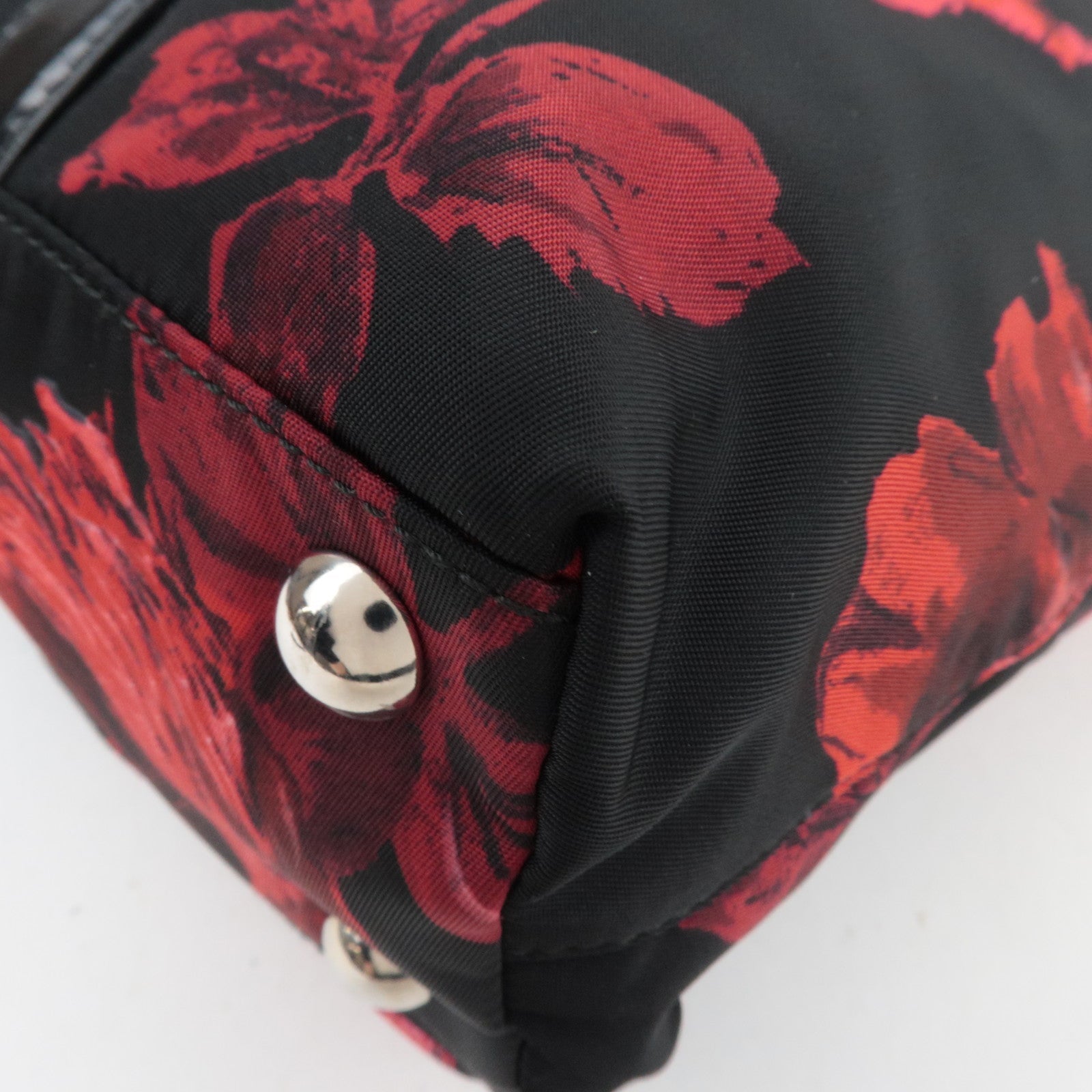 PRADA Floral Print Nylon Leather 2Way Handbag Black Red BN1066
