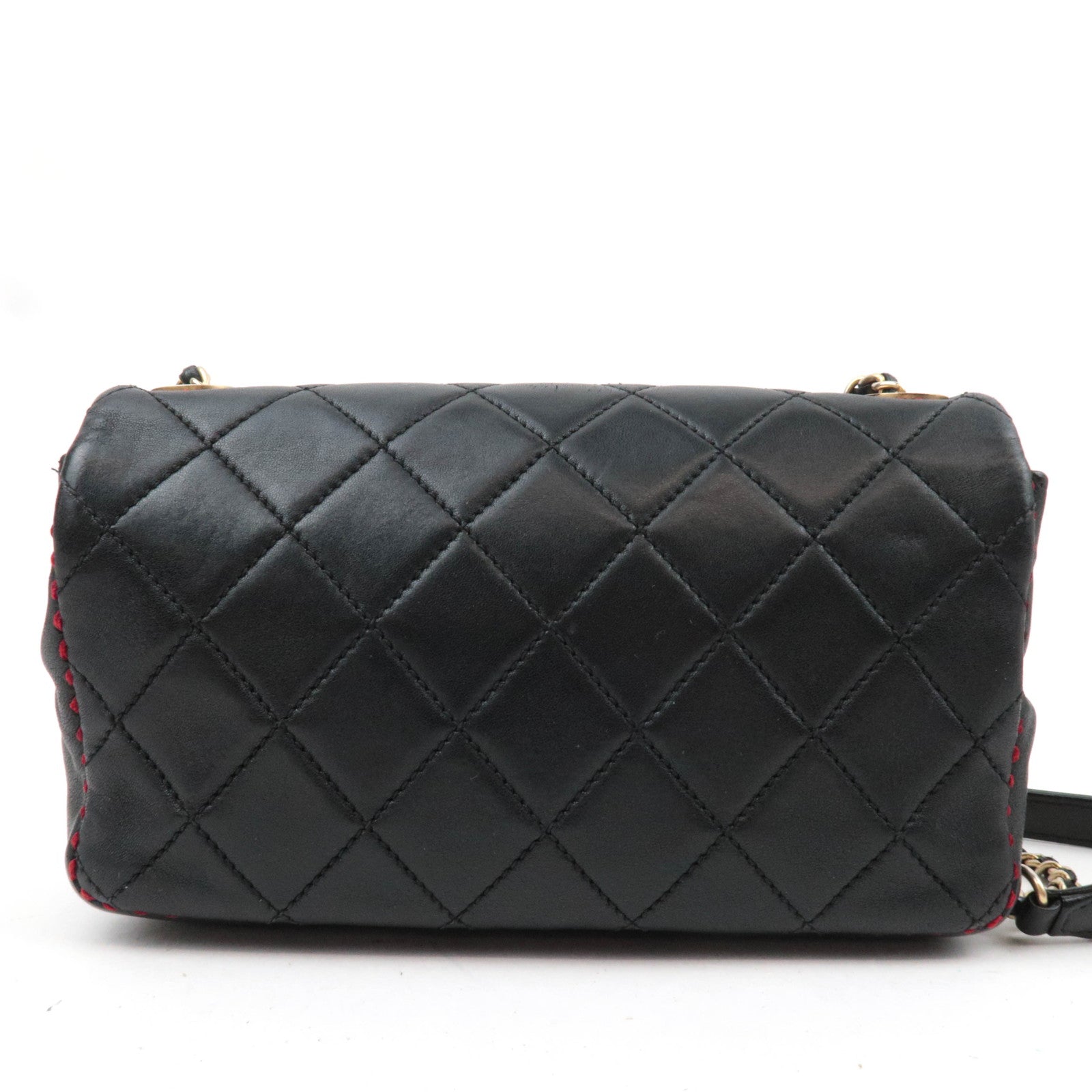 CHANEL Matelasse Red Stitch Chain Shoulder Bag Lambskin Black 23446567