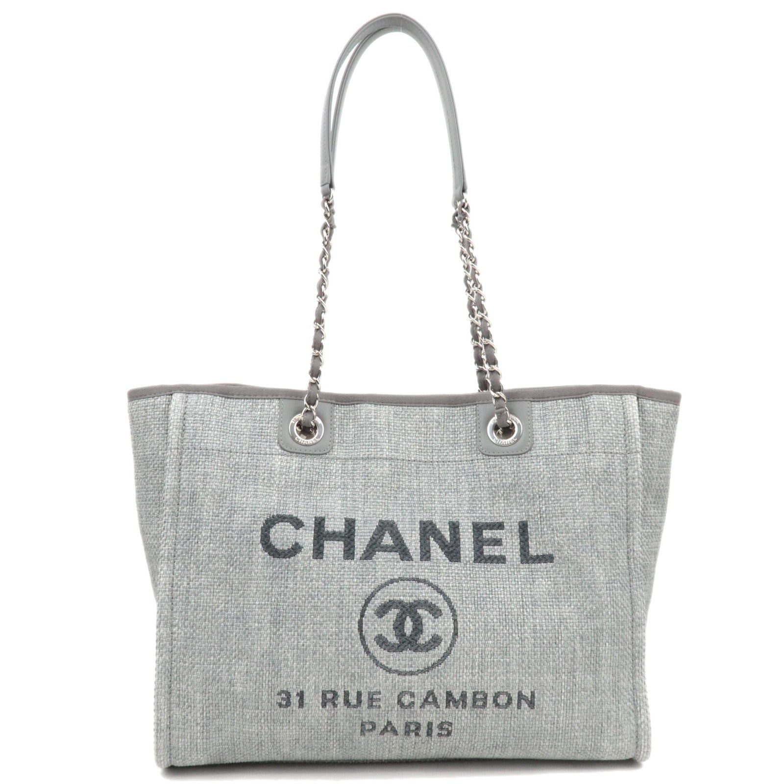 CHANEL Deauville MM Chain Tote Raffia Gray A6700185550