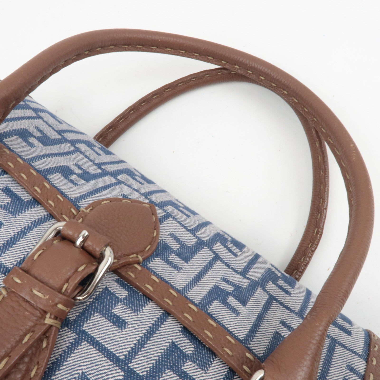 FENDI Selleria Zucca Linda Canvas Leather Handbag Blue 8BR547