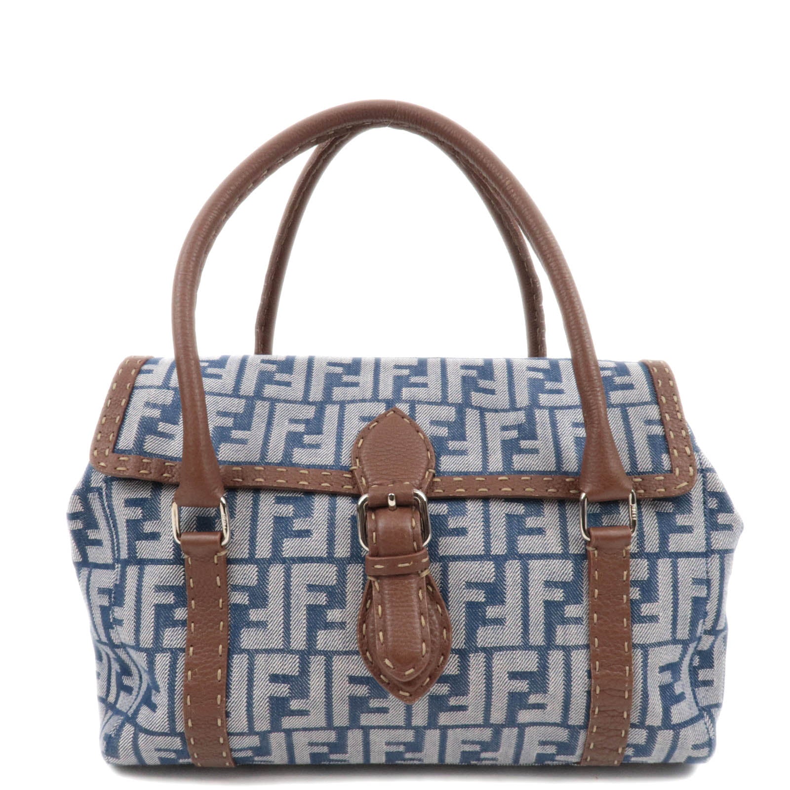 FENDI Selleria Zucca Linda Canvas Leather Handbag Blue 8BR54785559