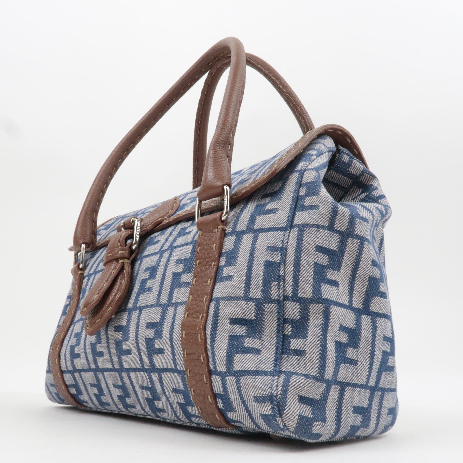 FENDI Selleria Zucca Linda Canvas Leather Handbag Blue 8BR547