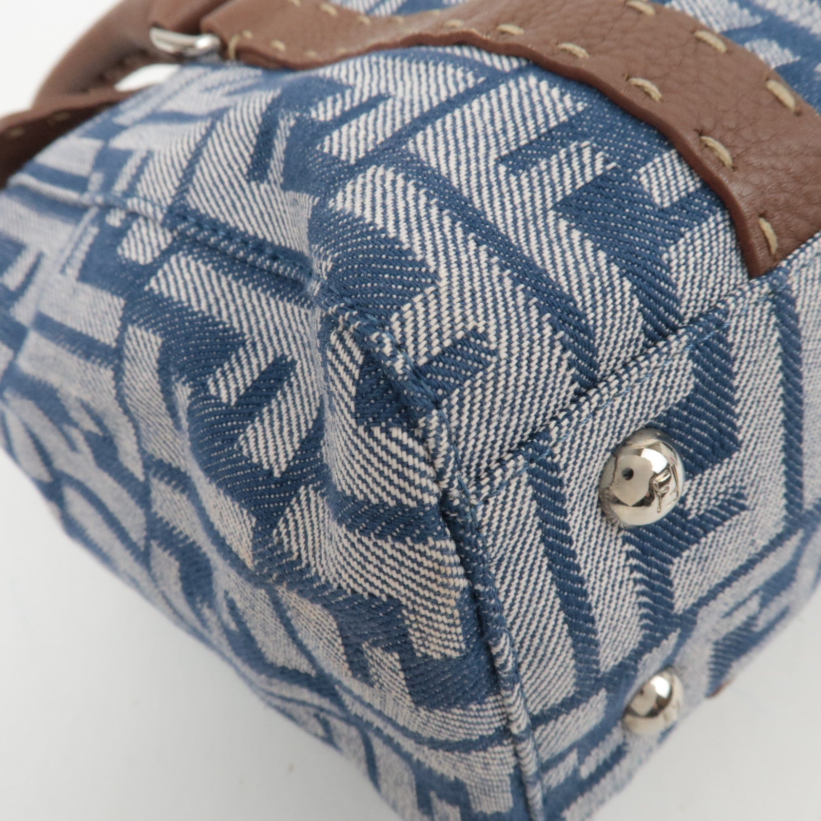 FENDI Selleria Zucca Linda Canvas Leather Handbag Blue 8BR547