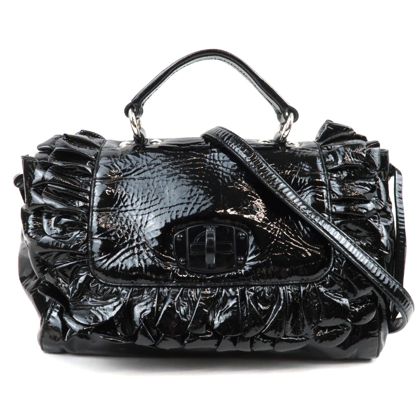 MIU MIU Ruffle 2Way Patent Shoulder Bag Black85582