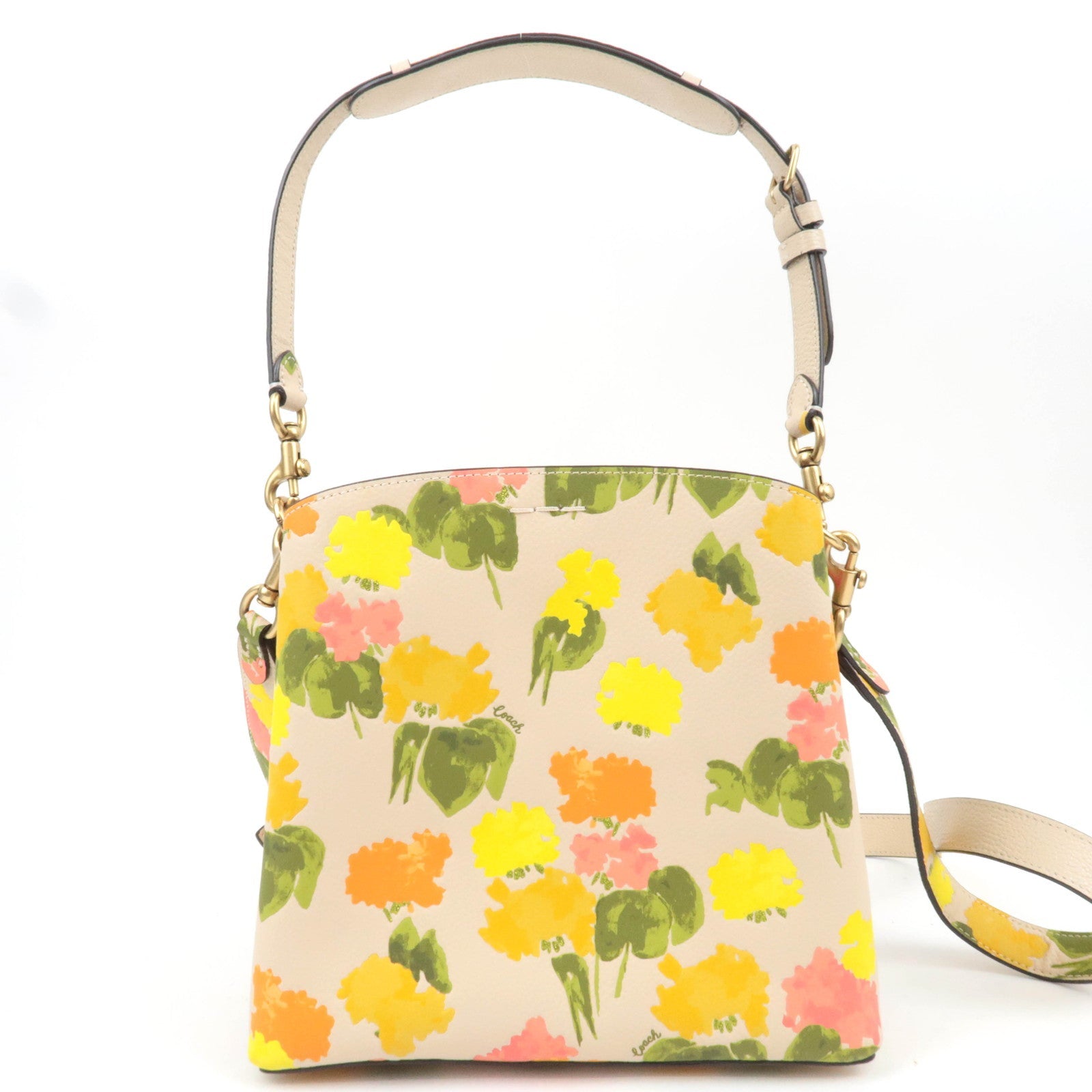 COACH Willow Leather Bucket Bag Flower Print Beige CC387