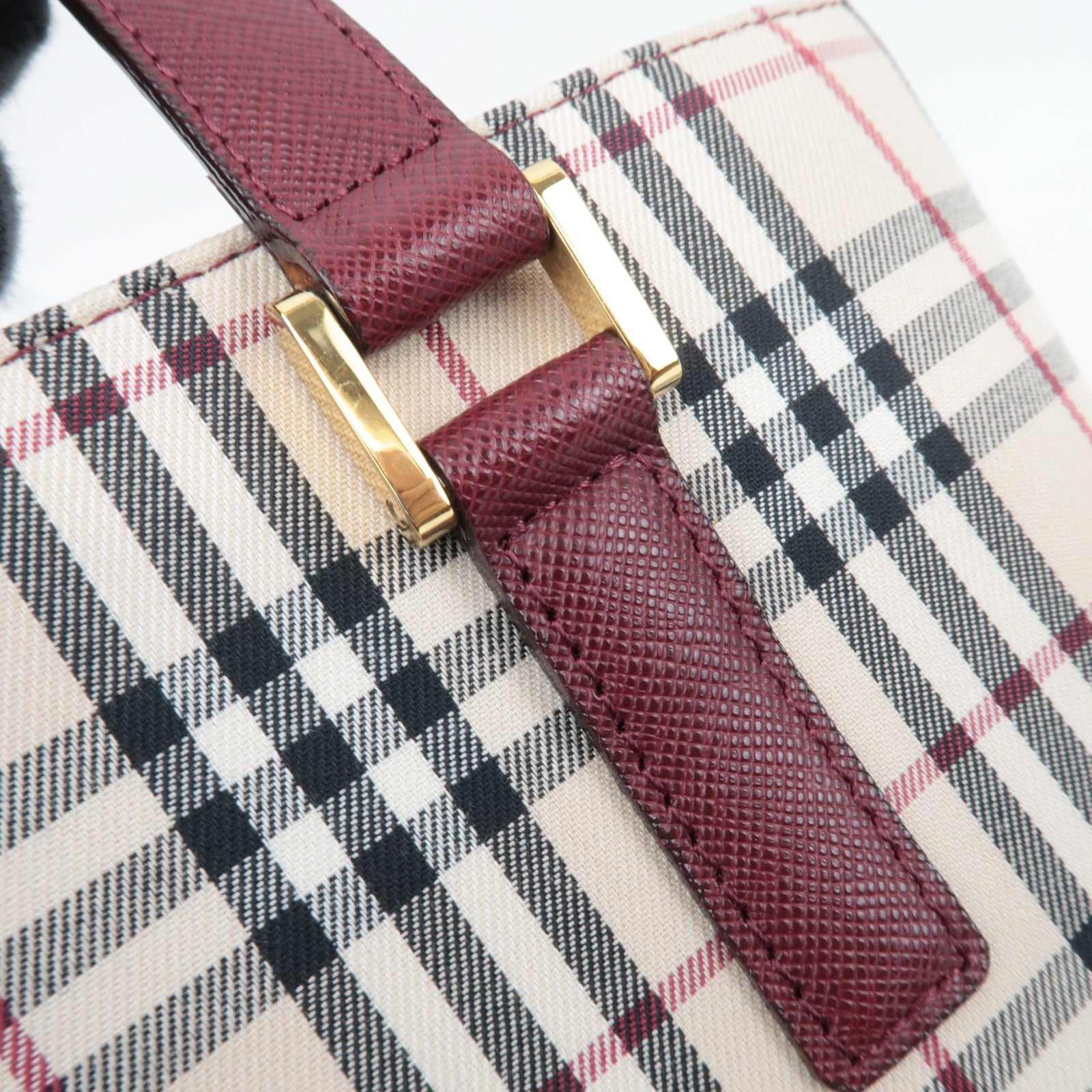 BURBERRY Nova Plaid Canvas Leather Tote Bag Beige Bordeaux