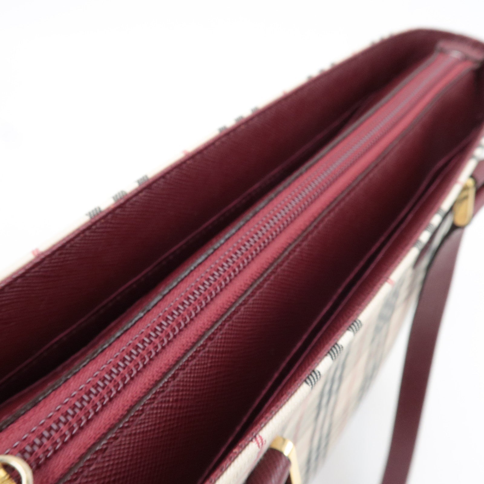 BURBERRY Nova Plaid Canvas Leather Tote Bag Beige Bordeaux