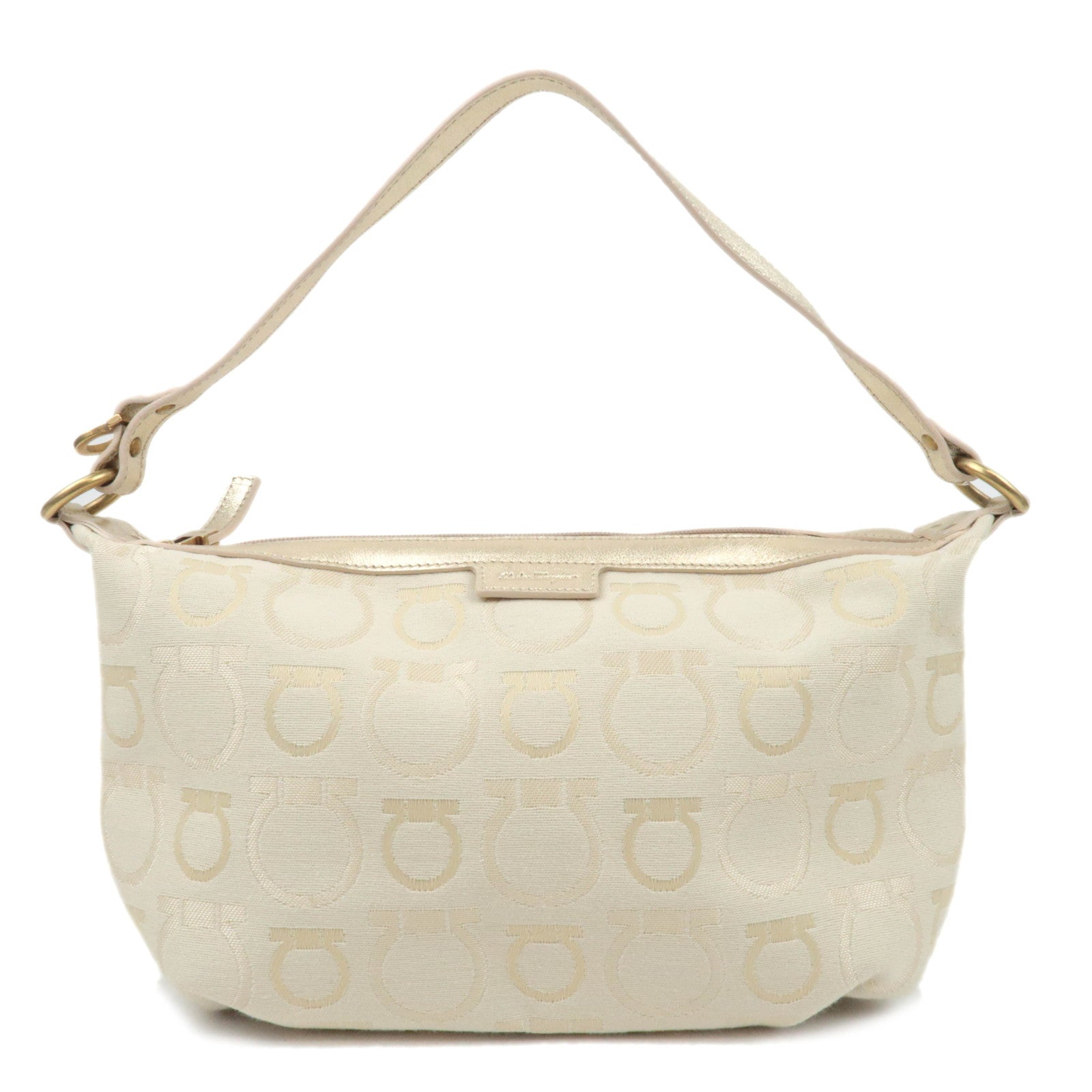 Ferragamo Gancini Canvas Leather Handbag Beige Champagne Gold85634