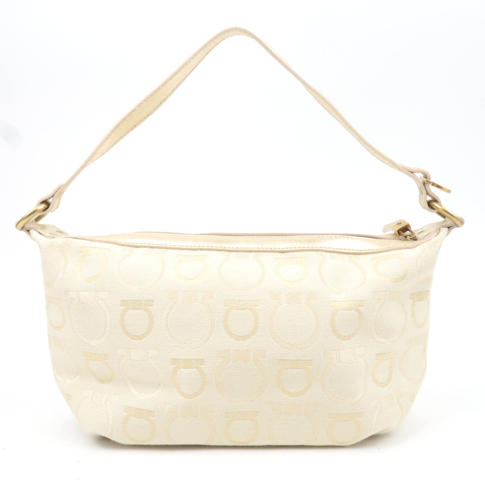 Ferragamo Gancini Canvas Leather Handbag Beige Champagne Gold